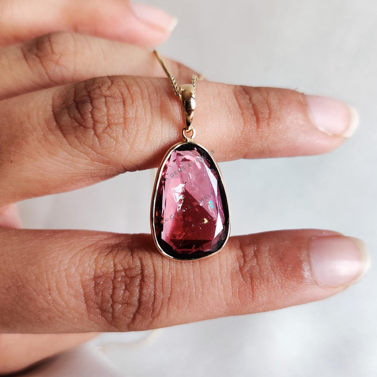 14K Solid Yellow Gold Natural Watermelon Tourmaline Pendant: Bezel Set Gemstone