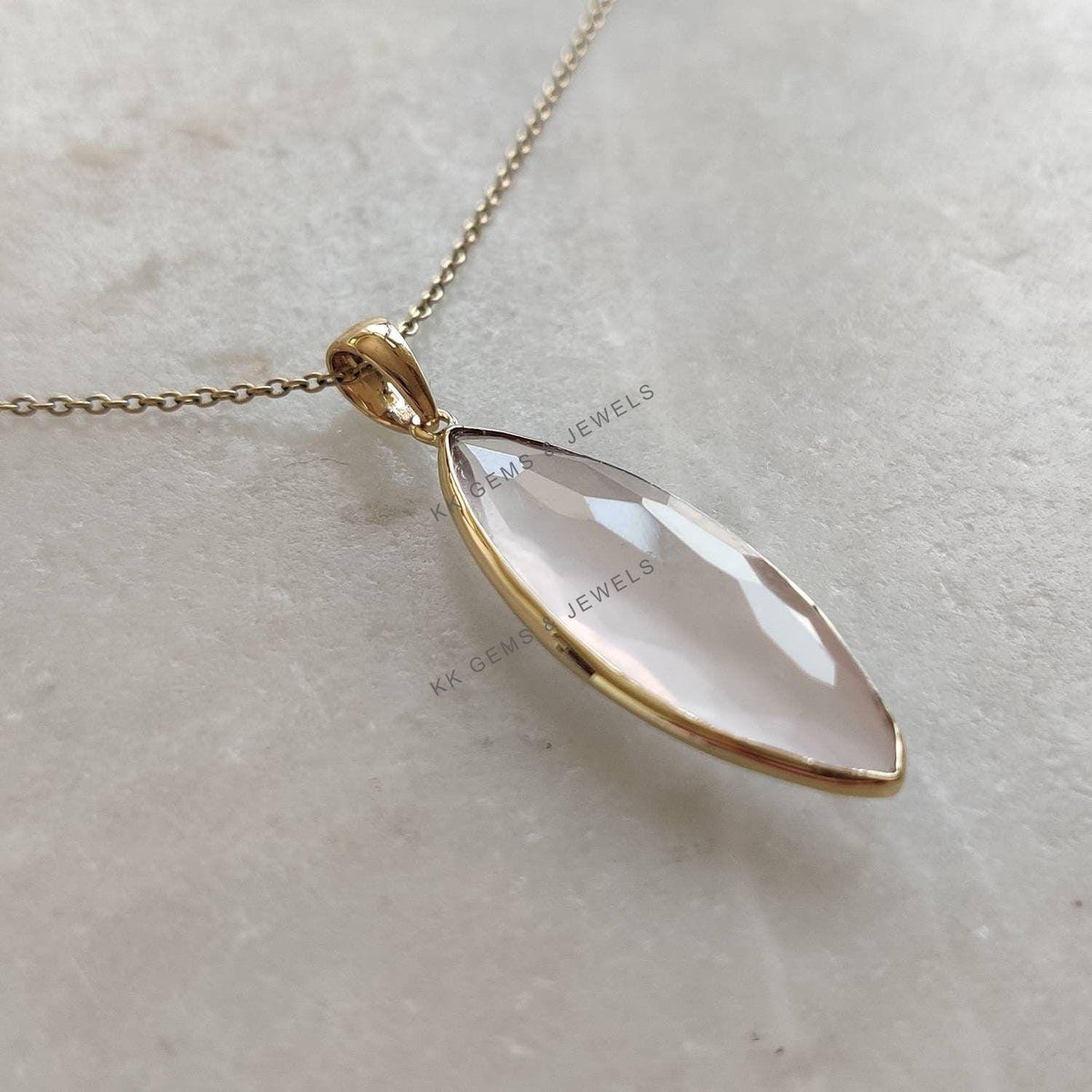 14K Solid Yellow Gold Natural Rose Quartz Pendant, January Birthstone