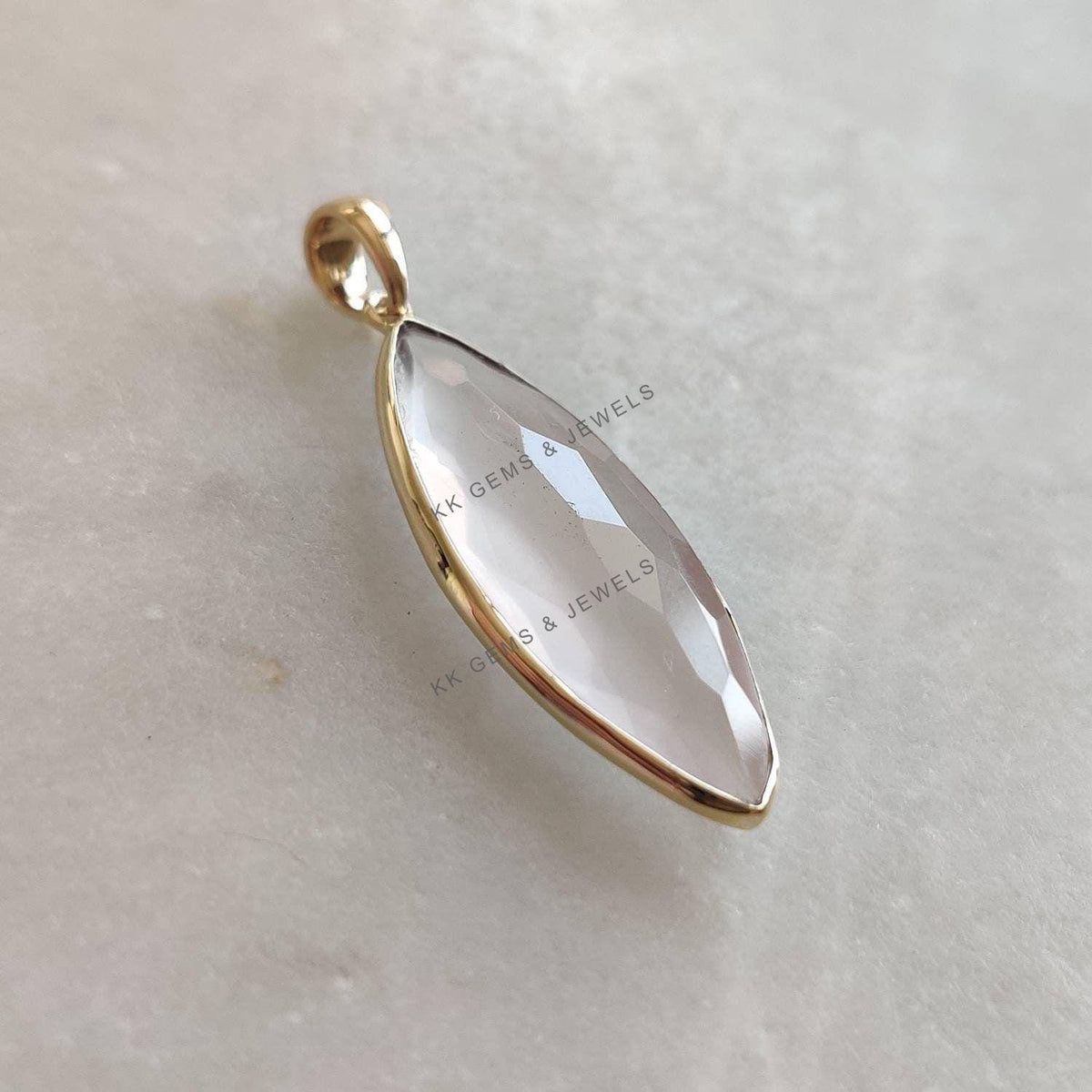 14K Solid Yellow Gold Natural Rose Quartz Pendant, January Birthstone