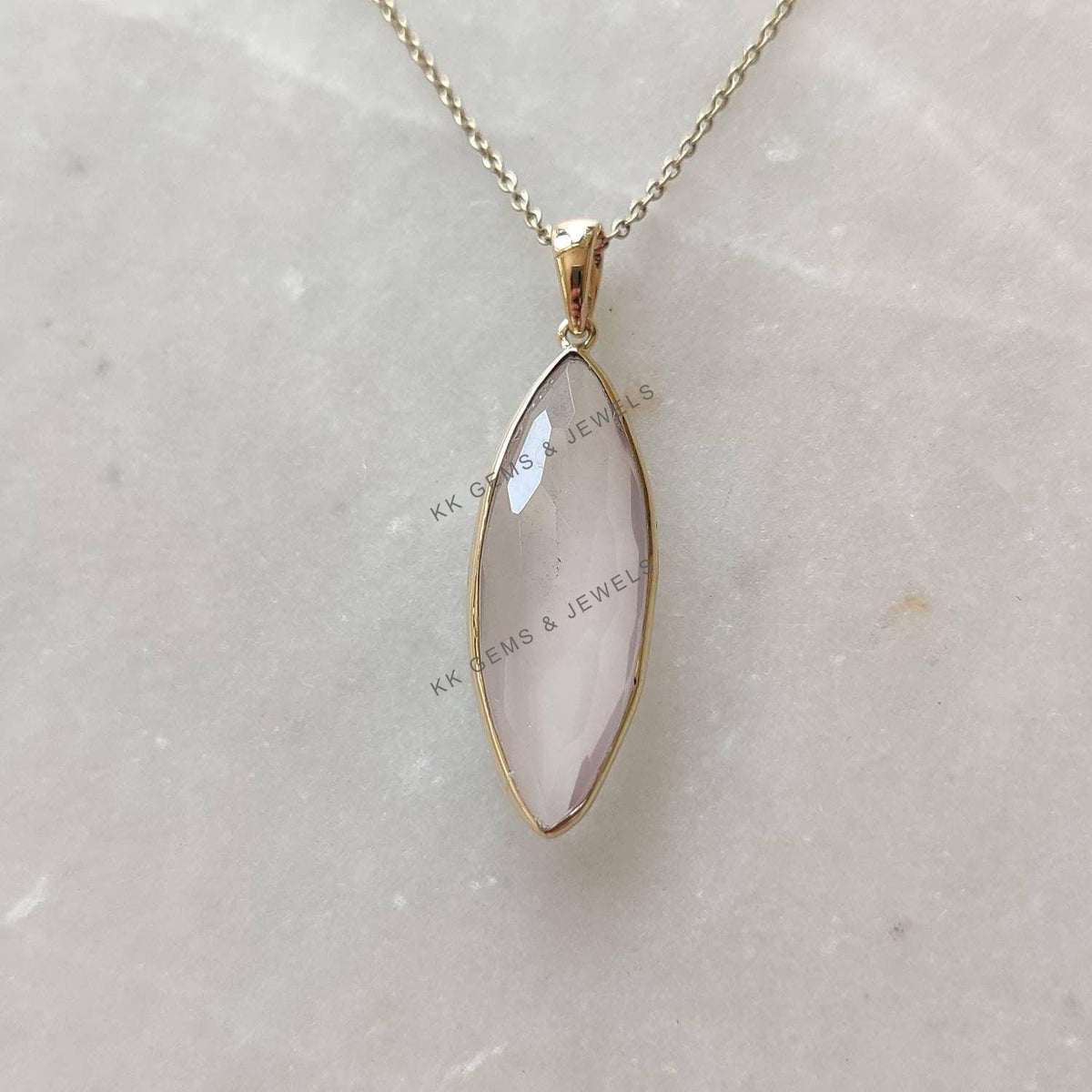 14K Solid Yellow Gold Natural Rose Quartz Pendant, January Birthstone
