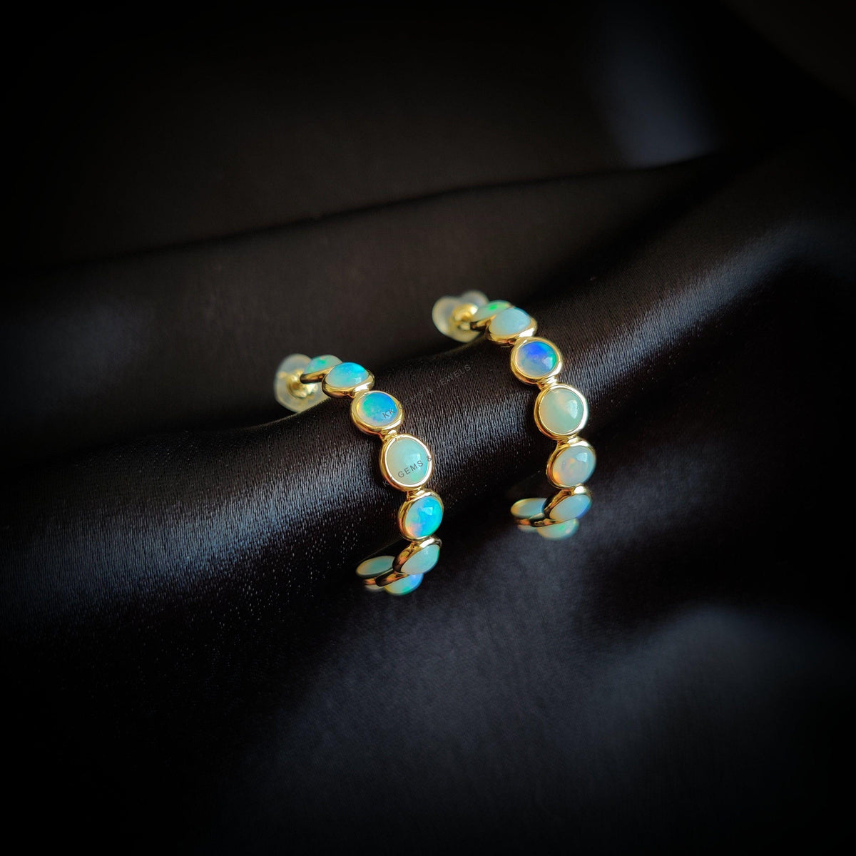 14K Solid Gold Natural Ethiopian Opal Hoop Earrings, October Birthstone