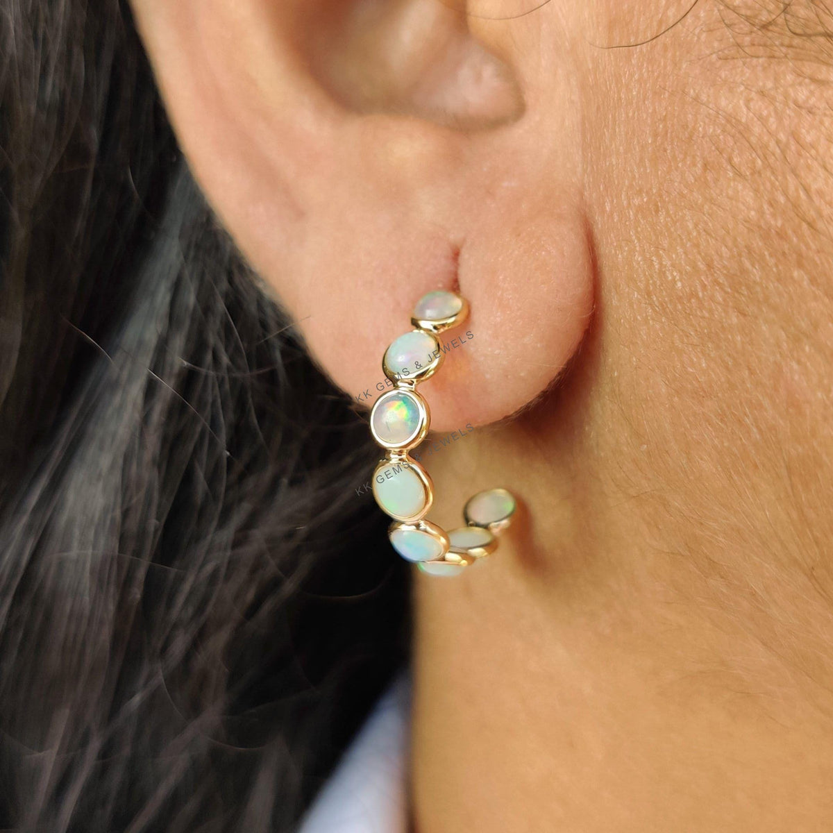 14K Solid Gold Natural Ethiopian Opal Hoop Earrings, October Birthstone