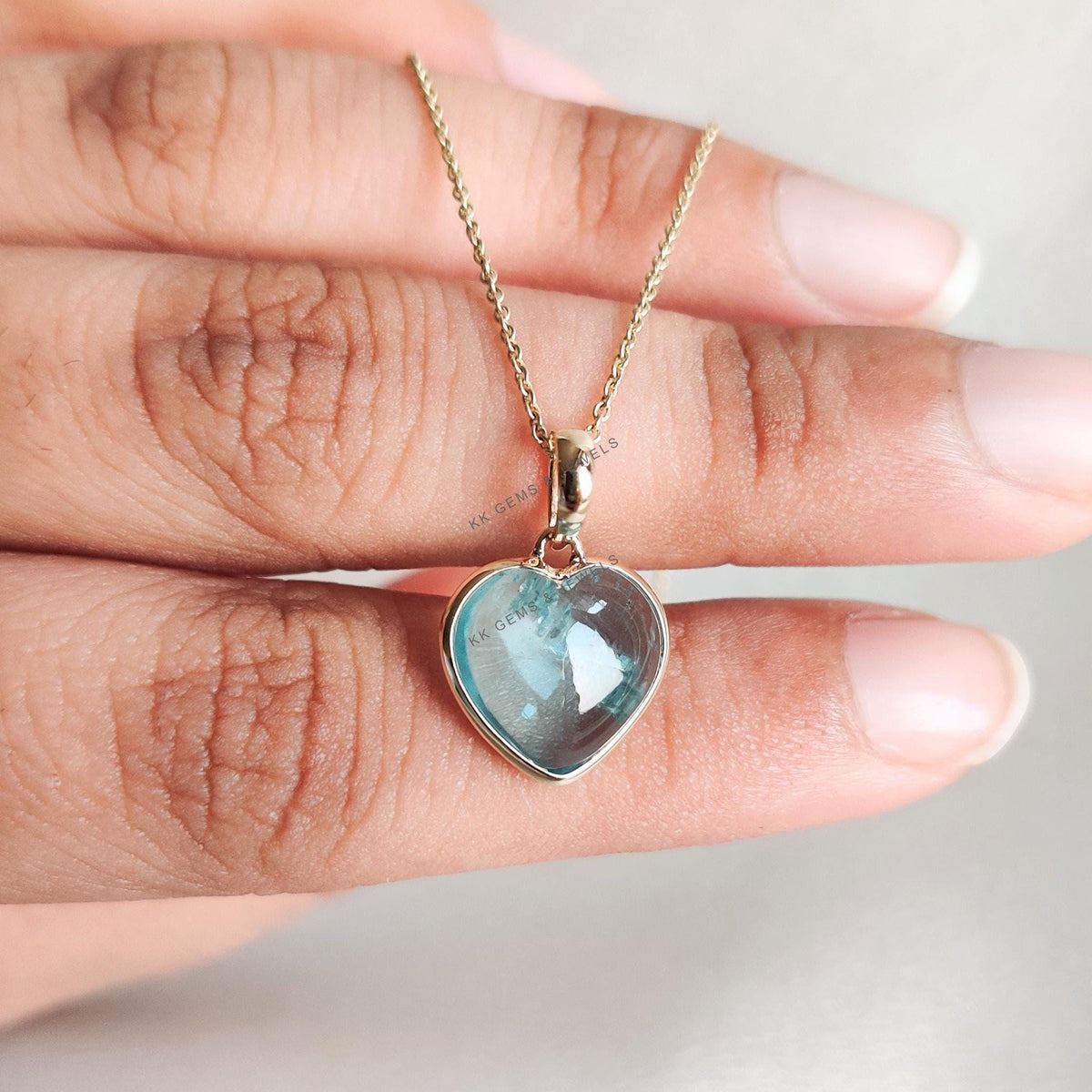 14K Solid Yellow Gold Natural Aquamarine Heart Pendant, March Birthstone, Valentine Gift