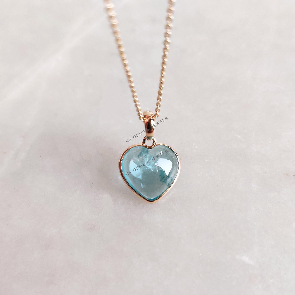 14K Solid Yellow Gold Natural Aquamarine Heart Pendant, March Birthstone, Valentine Gift