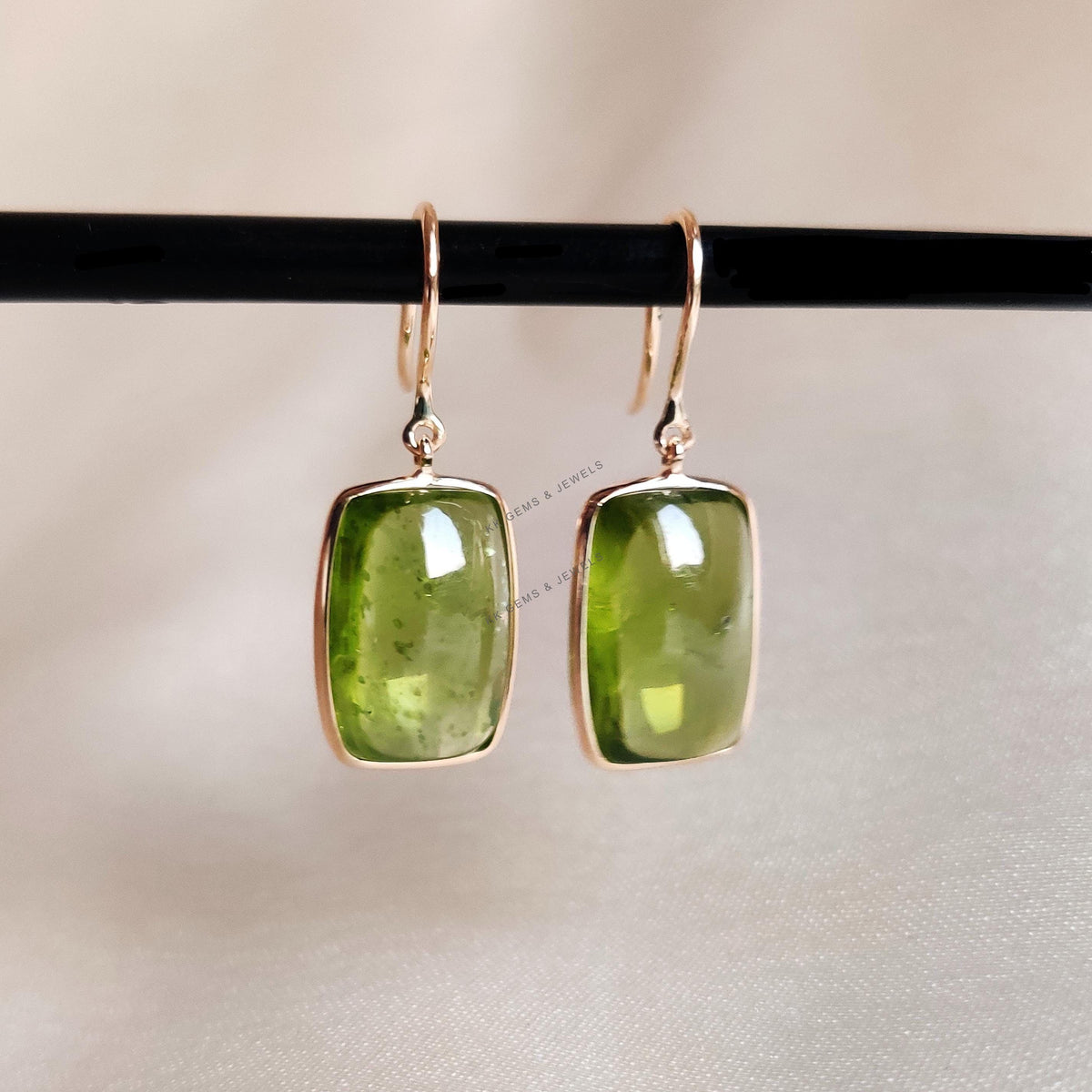 14K Solid Yellow Gold Natural Peridot Drop Earrings, Bezel Set, August Birthstone