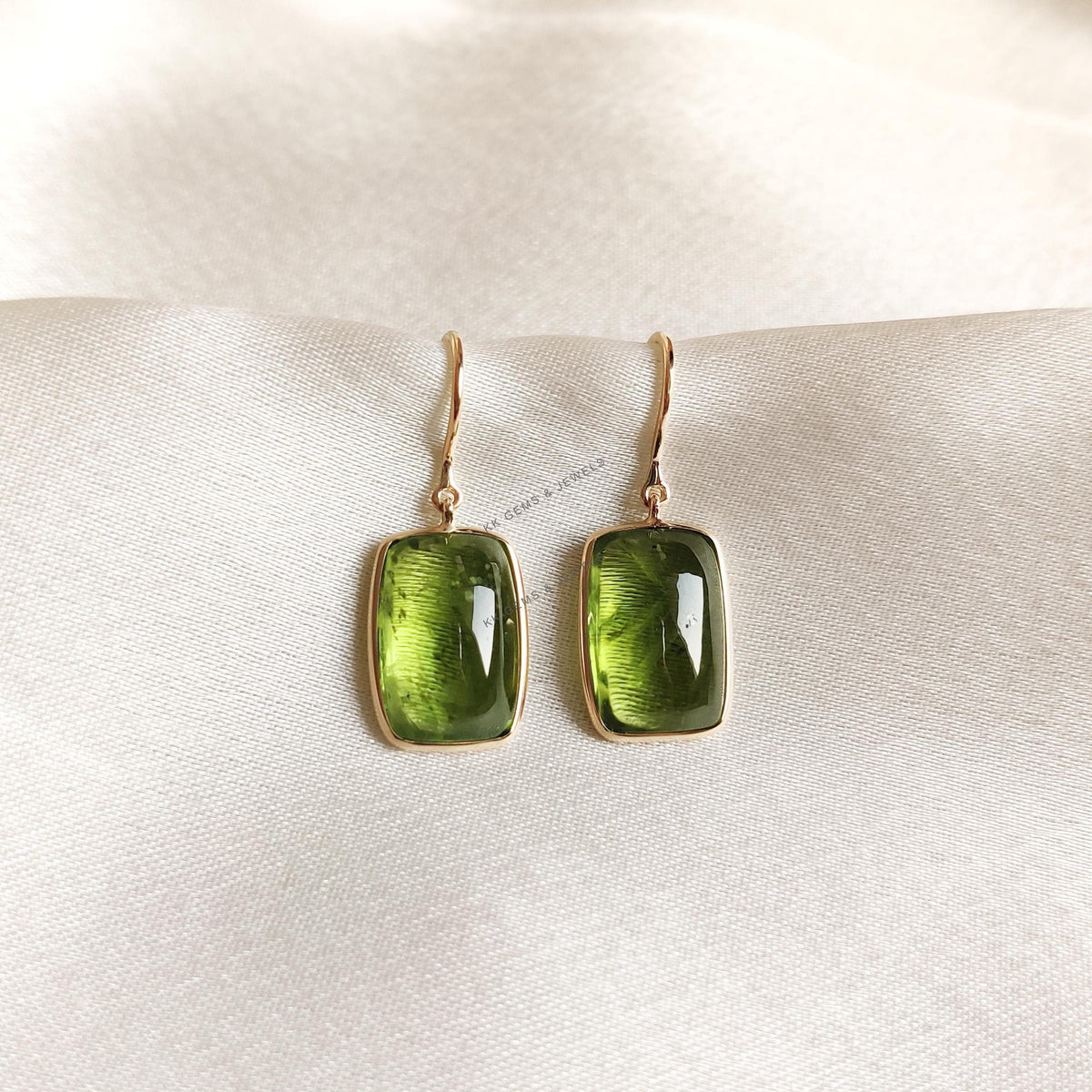 14K Solid Yellow Gold Natural Peridot Drop Earrings, Bezel Set, August Birthstone