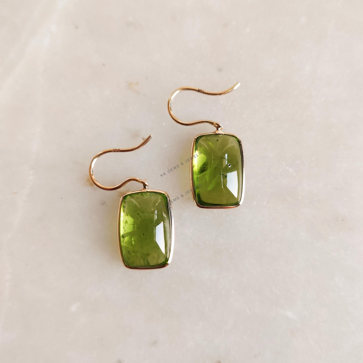 14K Solid Yellow Gold Natural Peridot Drop Earrings, Bezel Set, August Birthstone