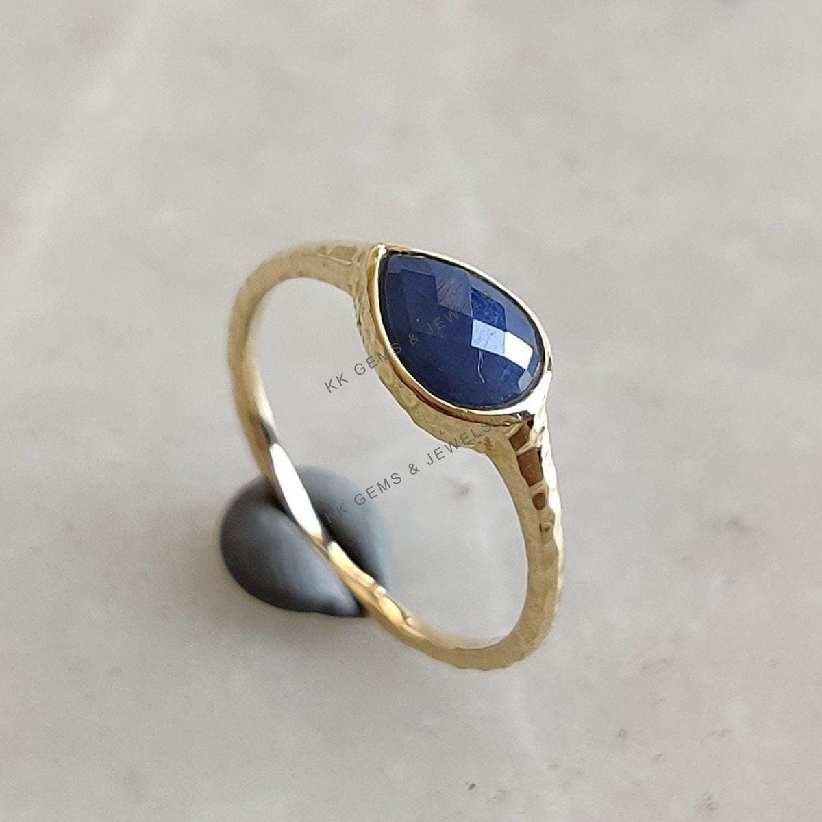Pear Natural Blue Sapphire Ring, 14K Solid Yellow Gold, September Birthstone