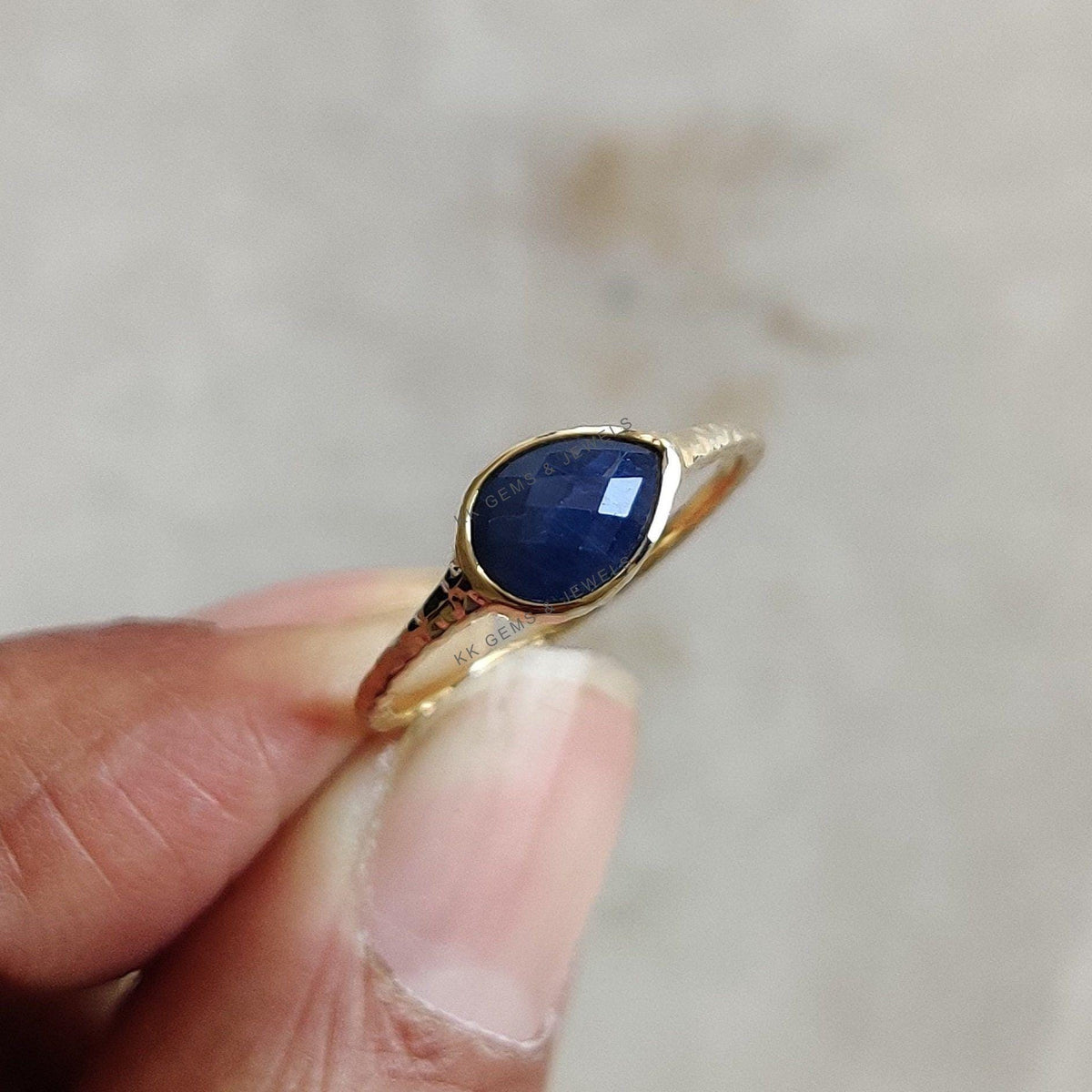 Pear Natural Blue Sapphire Ring, 14K Solid Yellow Gold, September Birthstone
