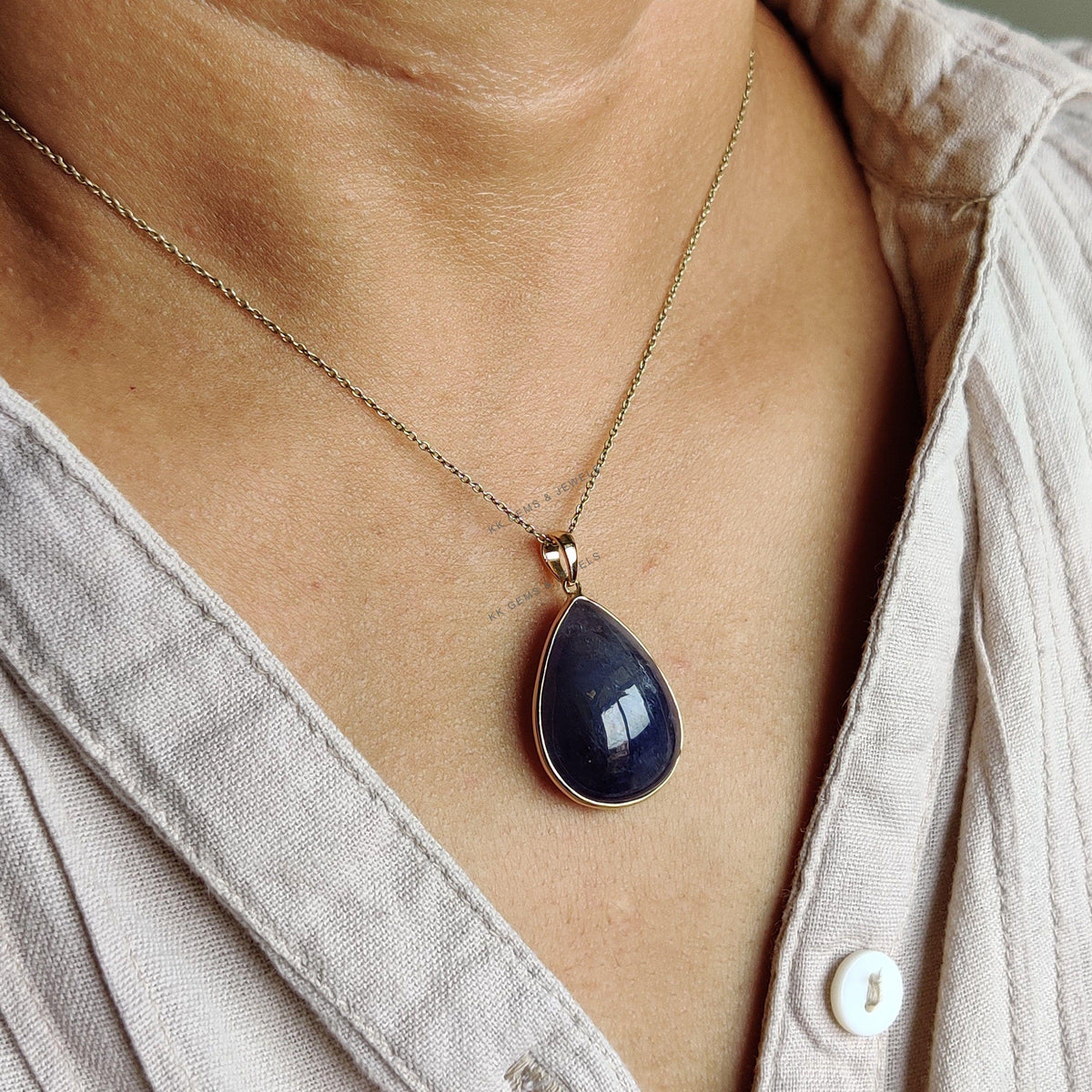 Natural Bi-Color Tanzanite Pendant, Pear Cabochon, 14K Solid Yellow Gold Pendant, Christmas Present