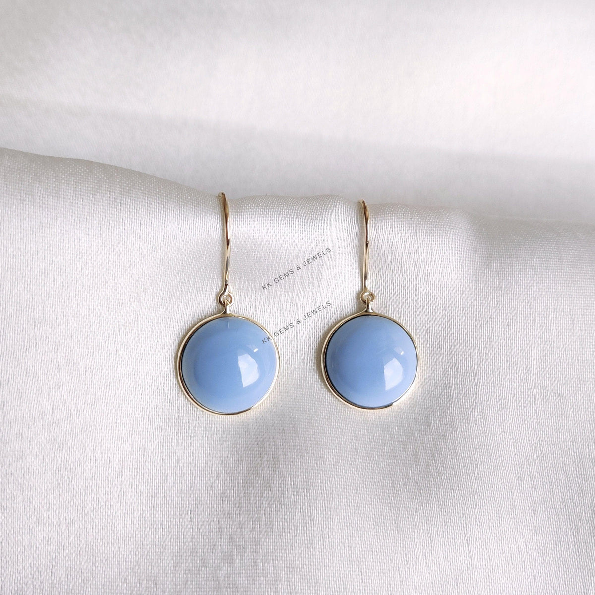 14K Solid Yellow Gold Natural Blue Opal Drop Earrings, October Birthstone