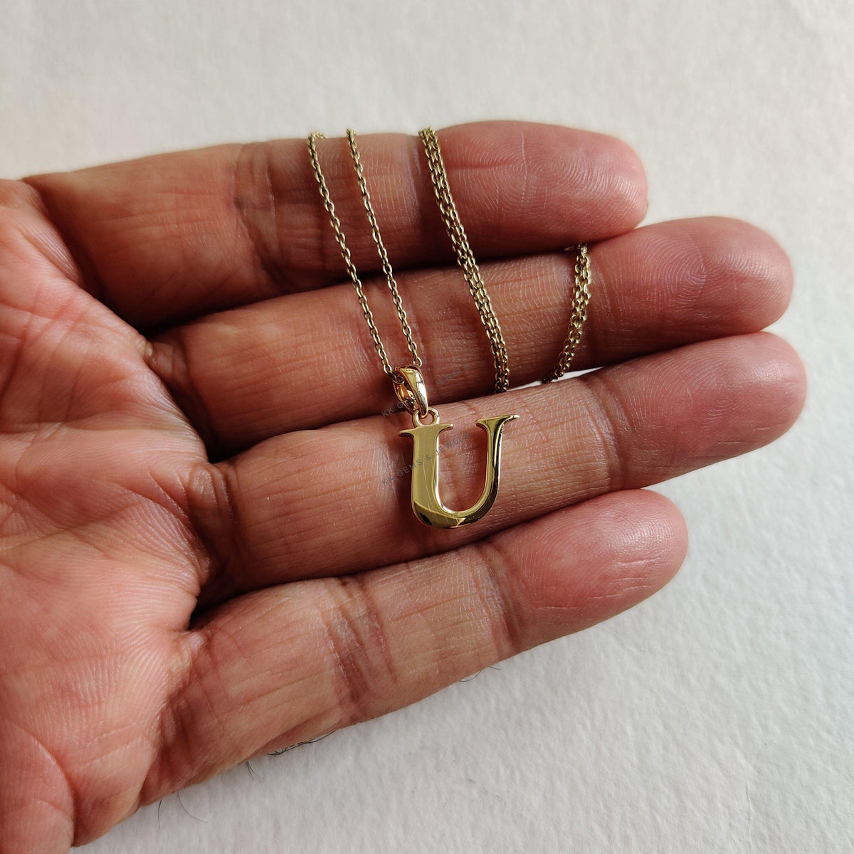 14K Solid Yellow Gold Initial U Pendant, Alphabet Charm