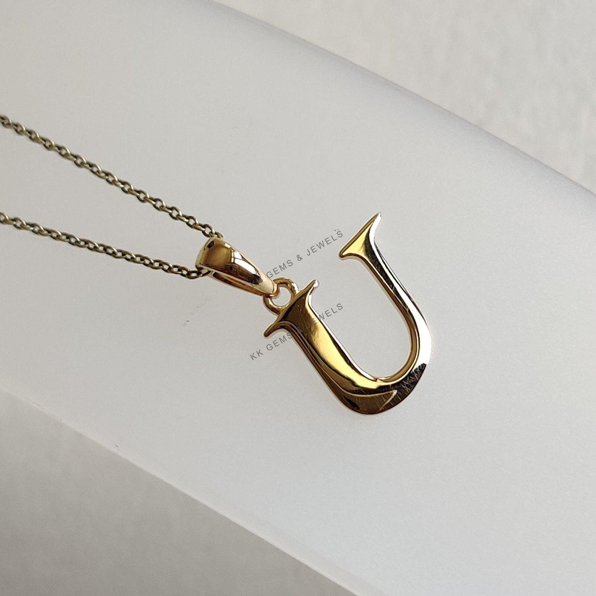 14K Solid Yellow Gold Initial U Pendant, Alphabet Charm