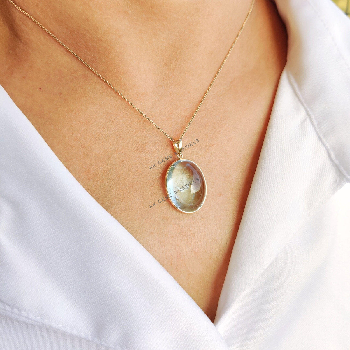 Natural Aquamarine Pendant, 14K Solid Yellow Gold, Oval Cabochon