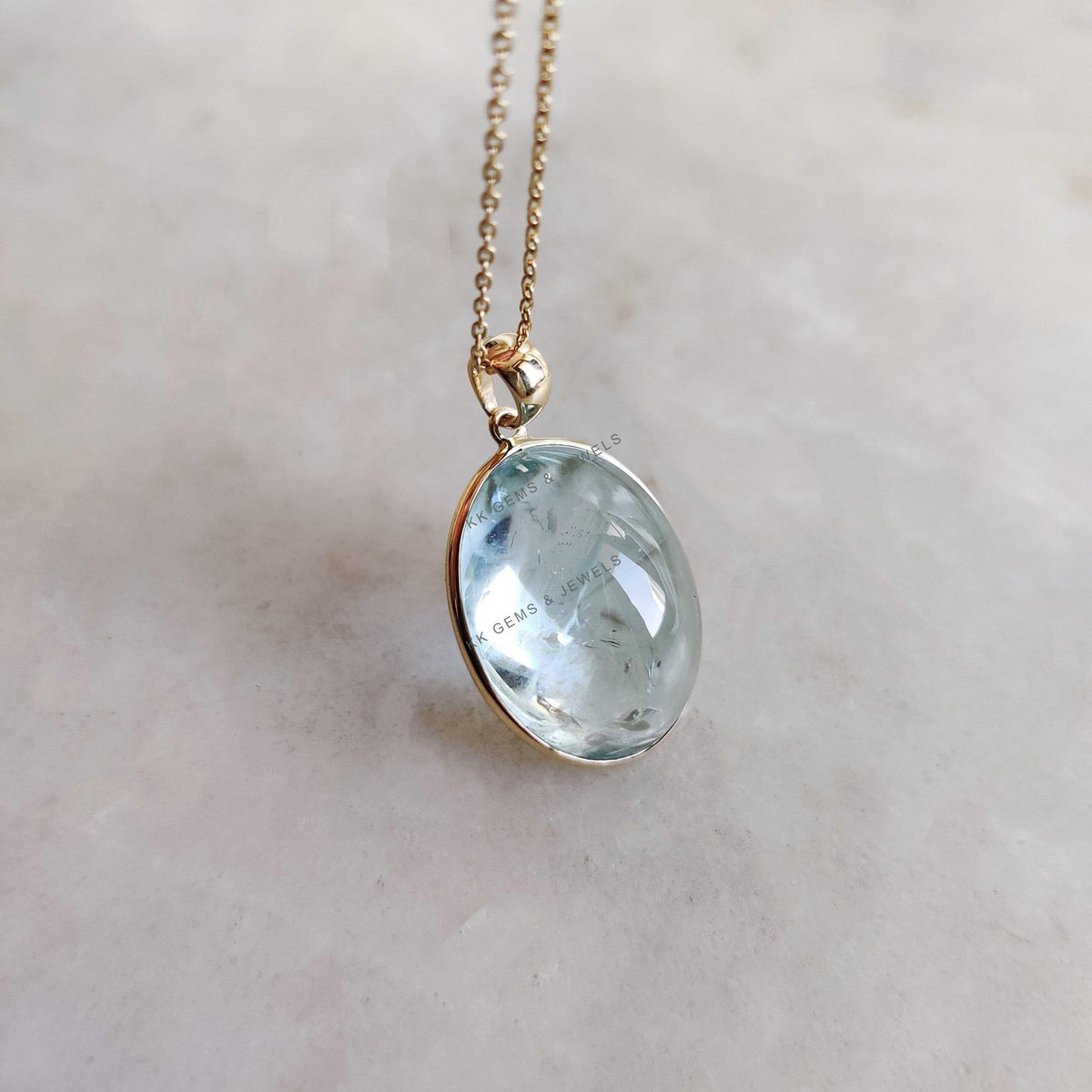 Natural Aquamarine Pendant, 14K Solid Yellow Gold, Oval Cabochon