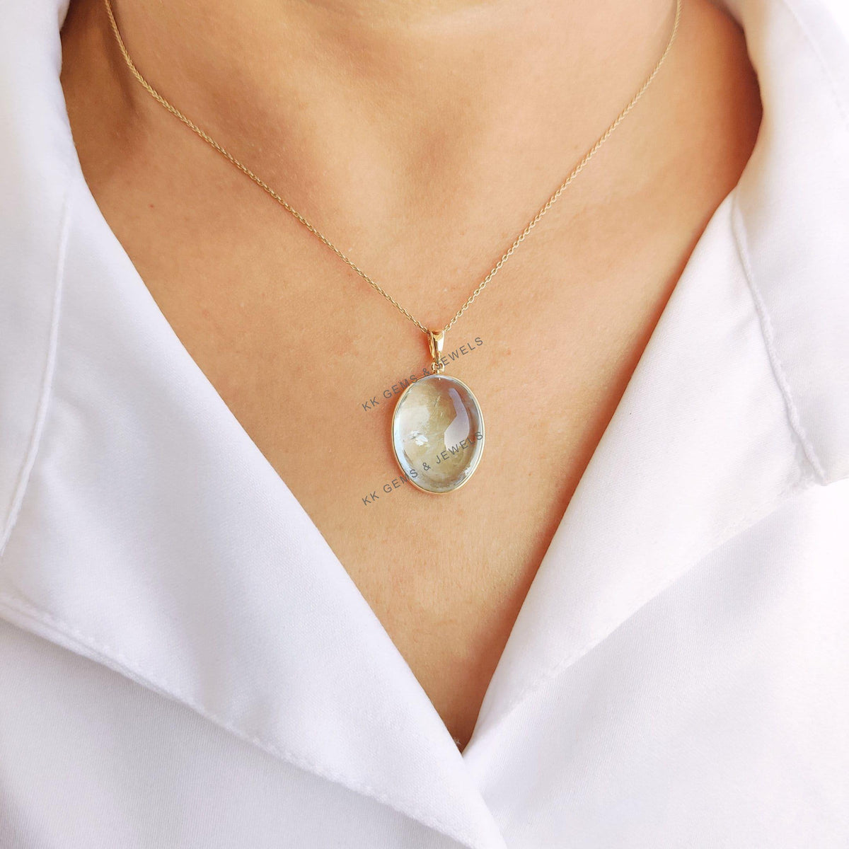 Natural Aquamarine Pendant, 14K Solid Yellow Gold, Oval Cabochon