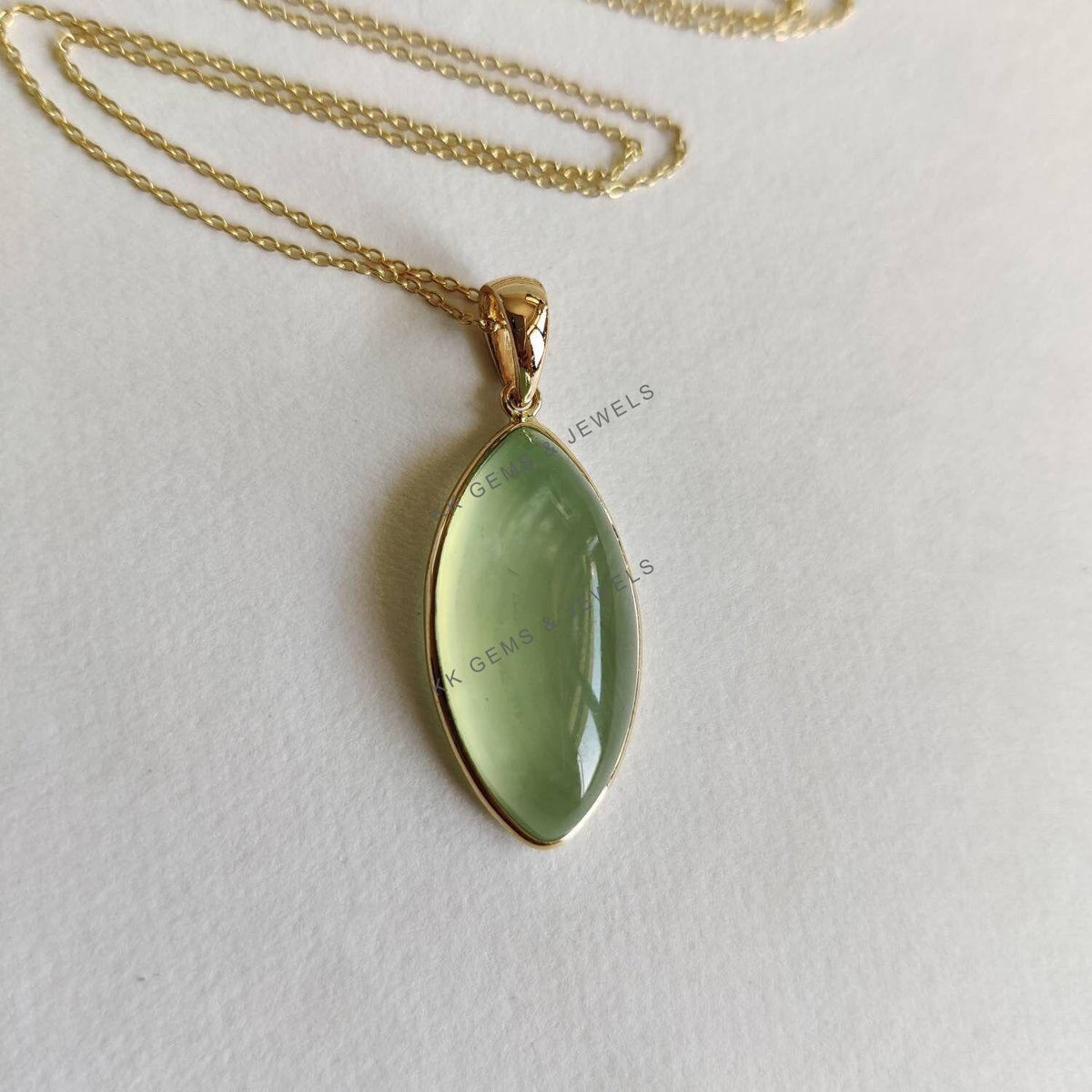 Natural Prehnite Pendant: 14K Solid Yellow Gold Marquise Necklace