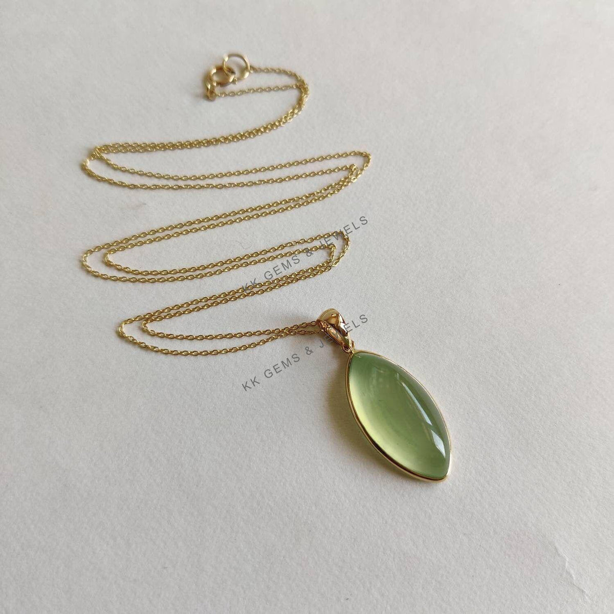 Natural Prehnite Pendant: 14K Solid Yellow Gold Marquise Necklace