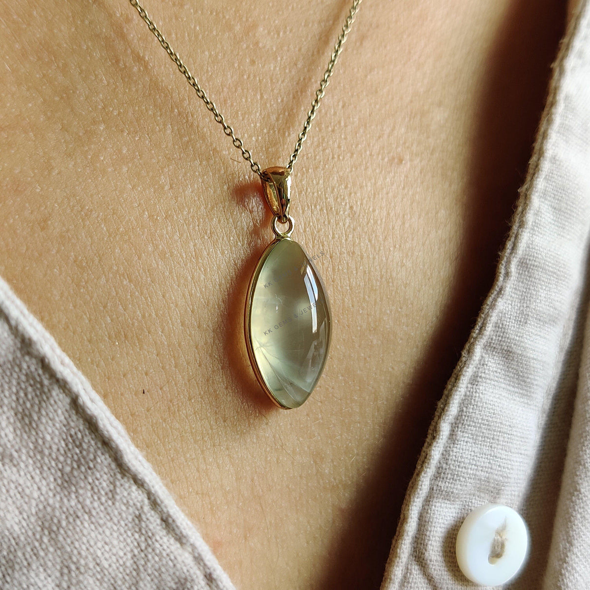 Natural Prehnite Pendant: 14K Solid Yellow Gold Marquise Necklace