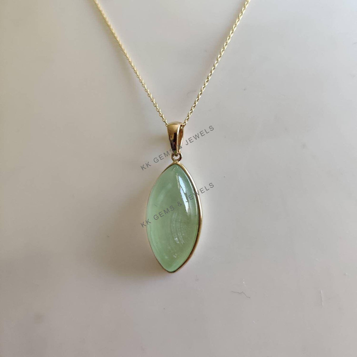 Natural Prehnite Pendant: 14K Solid Yellow Gold Marquise Necklace