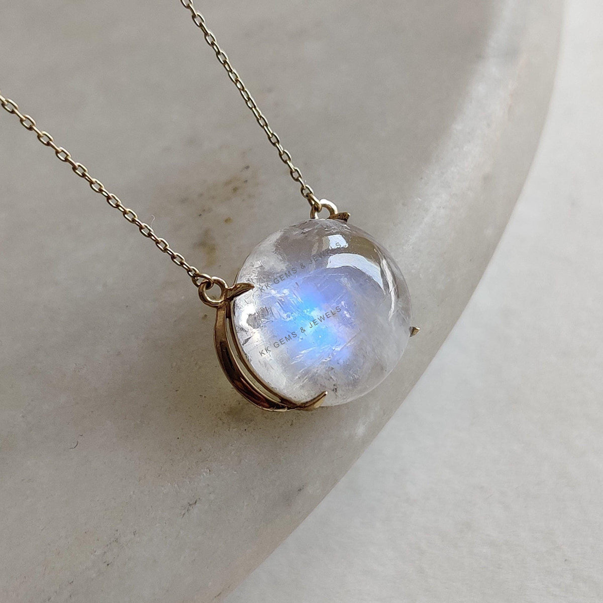 Natural Rainbow Moonstone 14K Solid Gold Pendant Necklace - June Birthstone