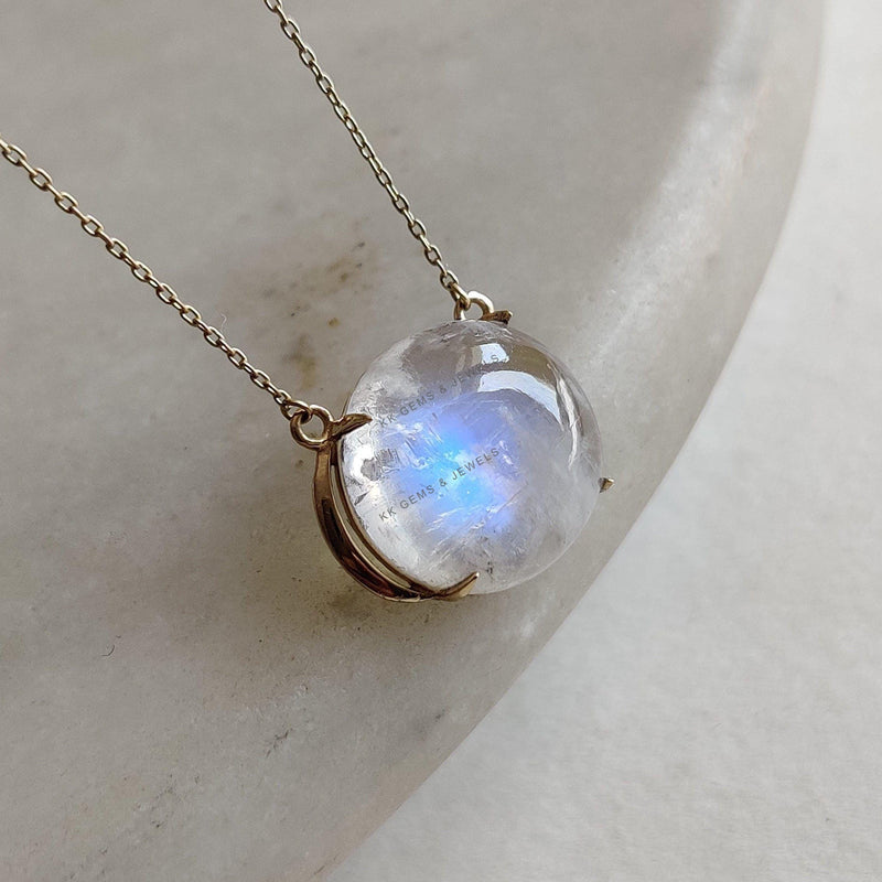Natural Rainbow Moonstone 14K Solid Gold Pendant Necklace - June Birthstone