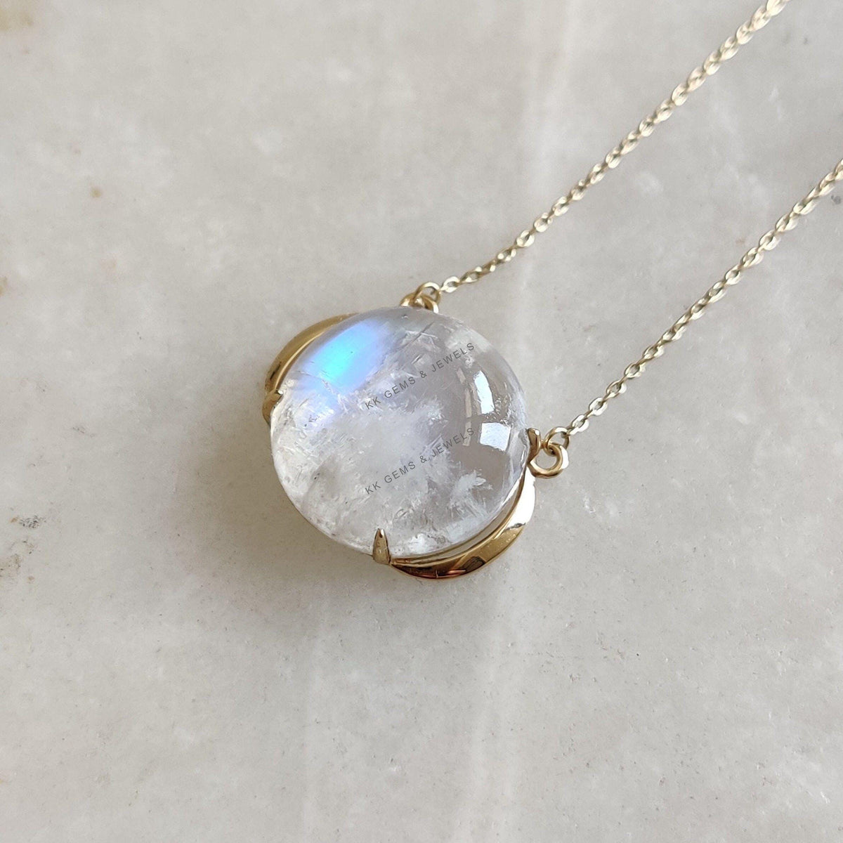 Natural Rainbow Moonstone 14K Solid Gold Pendant Necklace - June Birthstone