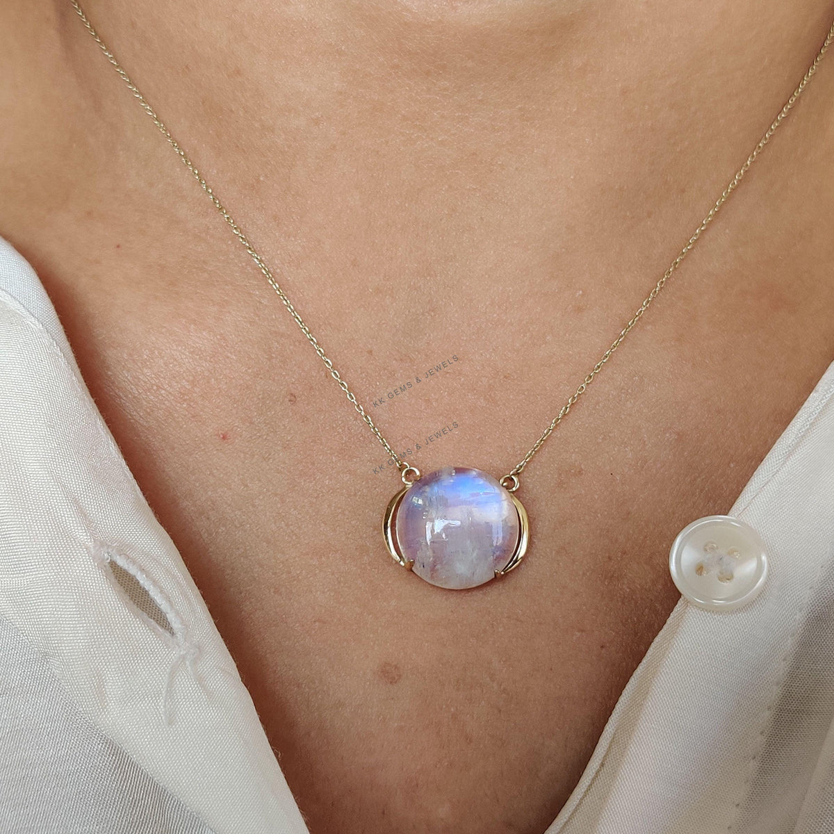 Natural Rainbow Moonstone 14K Solid Gold Pendant Necklace - June Birthstone