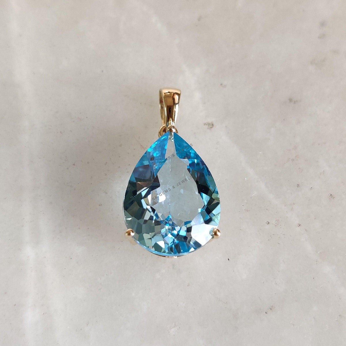 Natural Sky Blue Topaz Pendant, 14K Solid Yellow Gold Pear Gemstone, December Birthstone