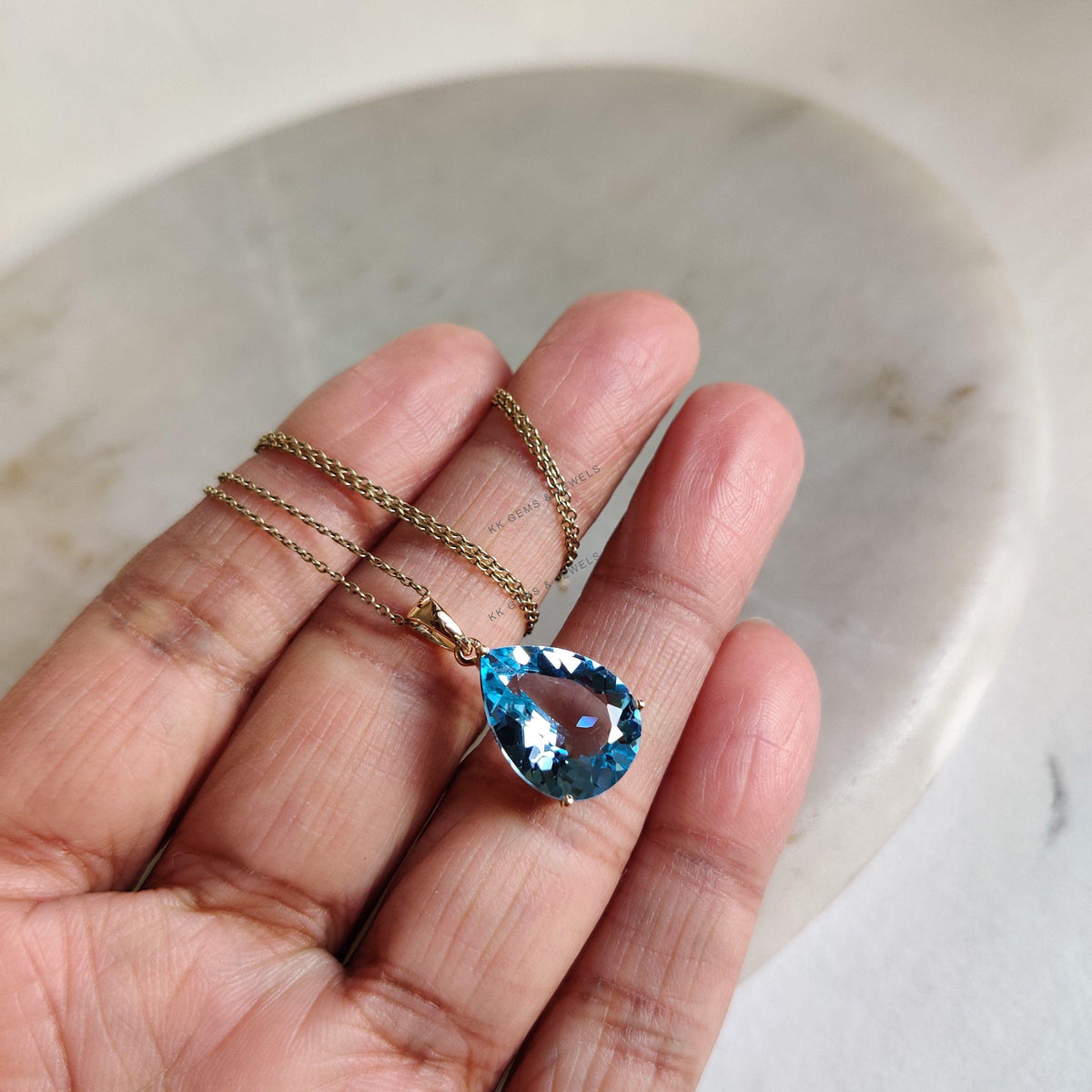 Natural Sky Blue Topaz Pendant, 14K Solid Yellow Gold Pear Gemstone, December Birthstone