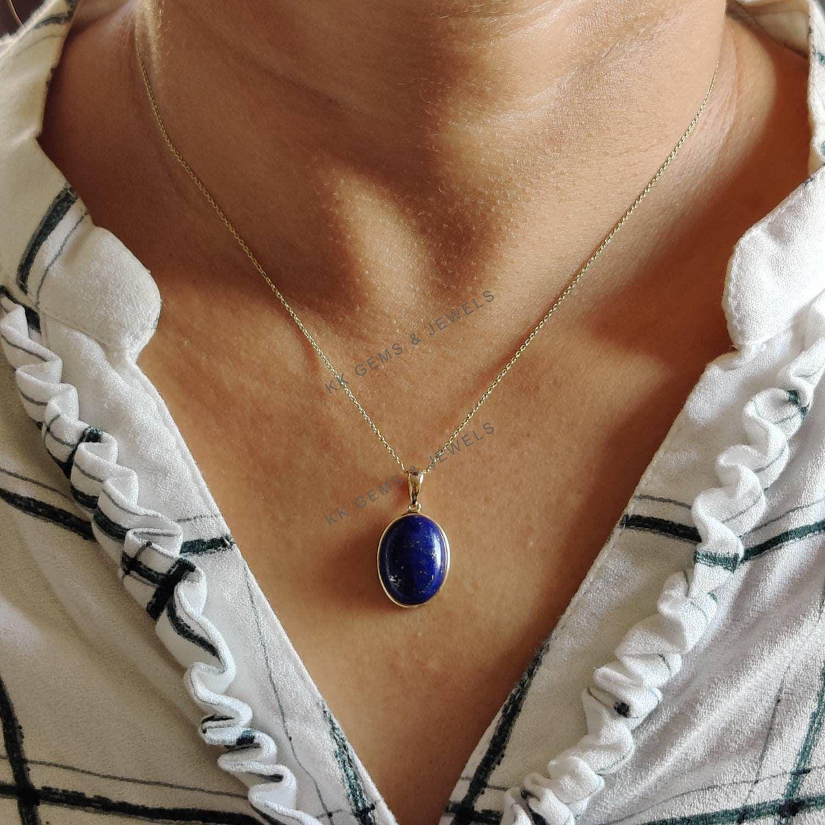 Natural Lapis Lazuli Pendant, 14K Solid Yellow Gold Bezel, September Birthstone
