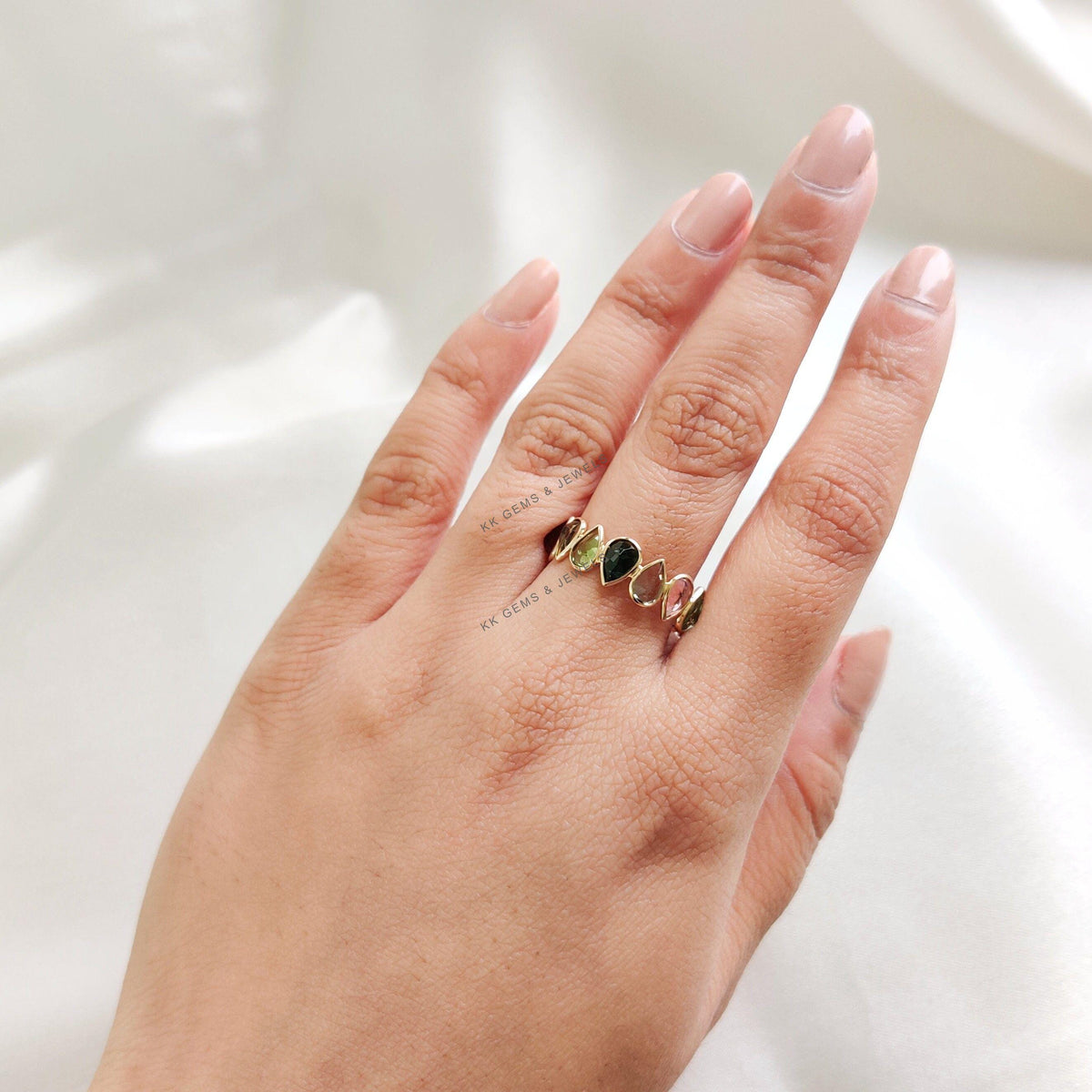 14k Solid Gold Natural Multi Tourmaline Infinity Ring, Gemstone Bezel Band