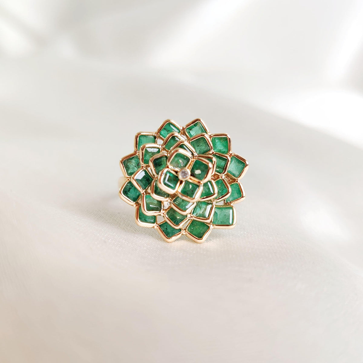 Natural Emerald & Diamond Flower Ring, 14K Solid Gold, Engagement Ring