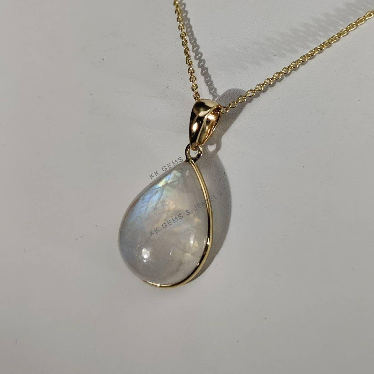 Natural Rainbow Moonstone Pendant, 14K Solid Yellow Gold Pear Bezel Pendant