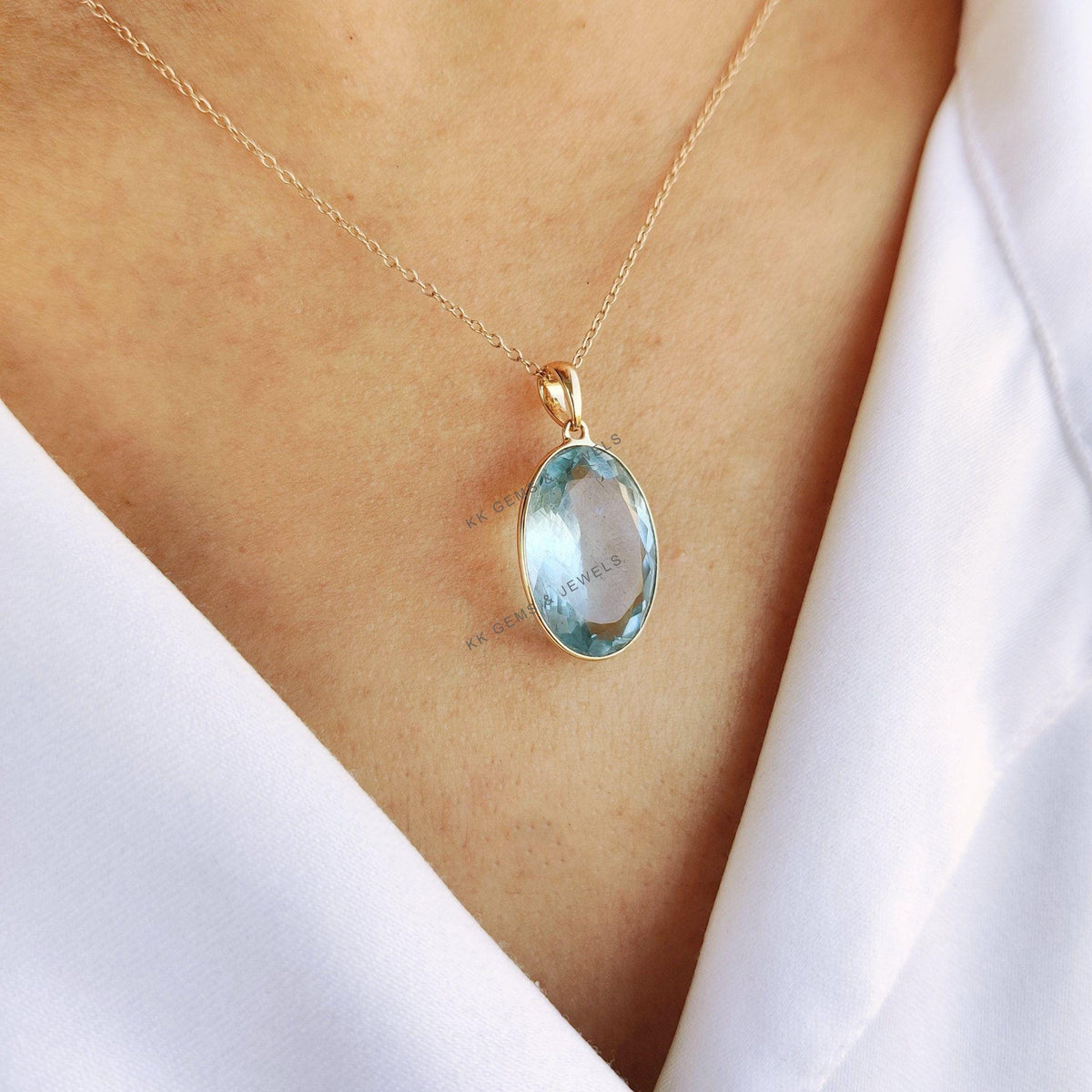 Natural Aquamarine 14K Solid Yellow Gold Bezel Pendant, March Birthstone