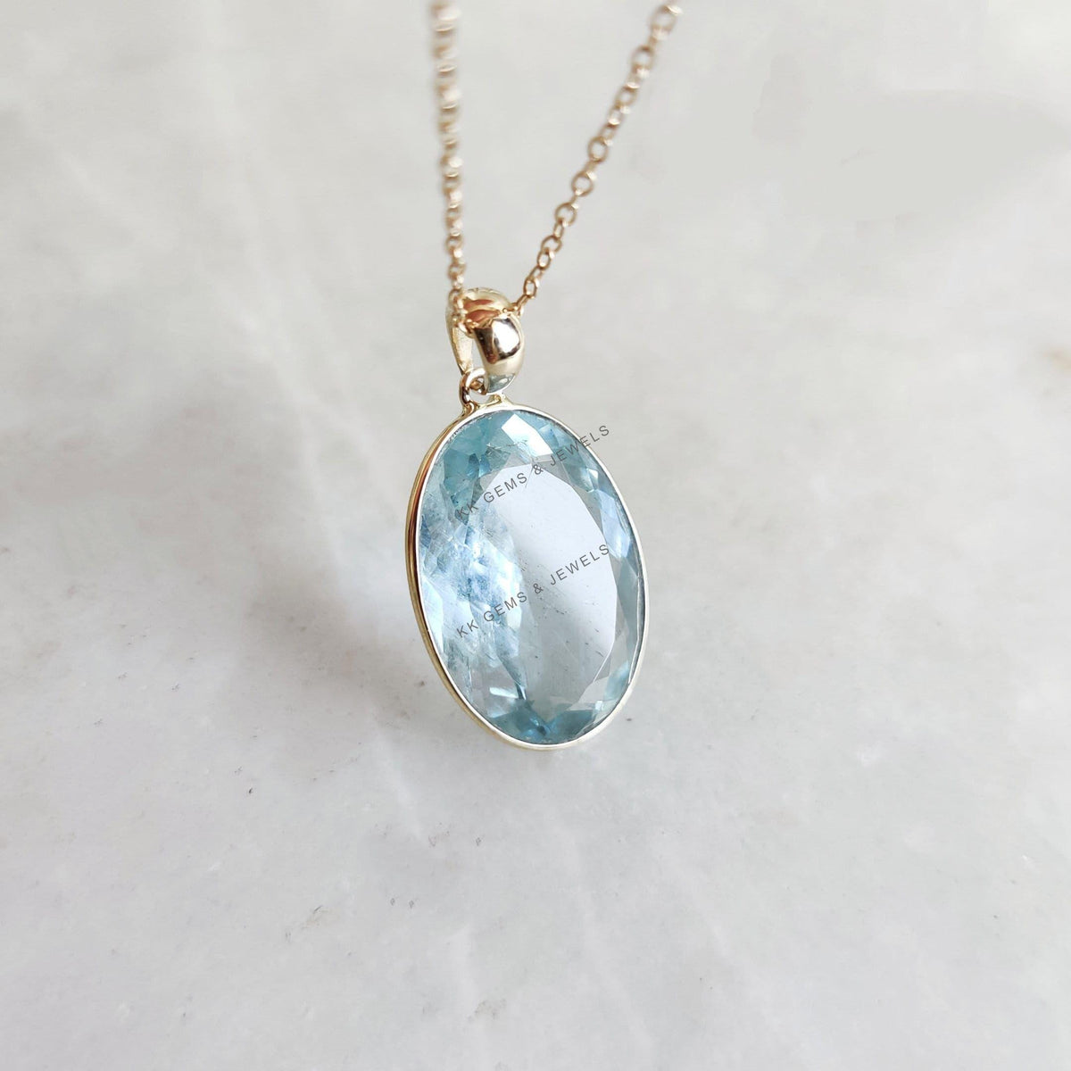 Natural Aquamarine 14K Solid Yellow Gold Bezel Pendant, March Birthstone