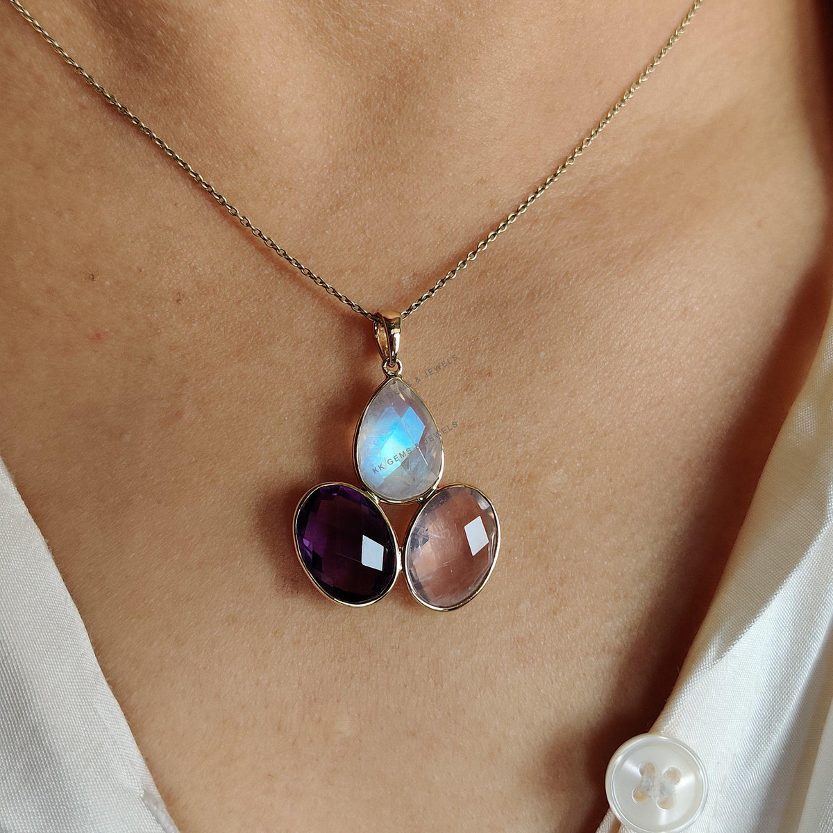 14k Solid Yellow Gold Natural Rainbow Moonstone & Purple Amethyst Rose Quartz Pendant, Christmas Gift