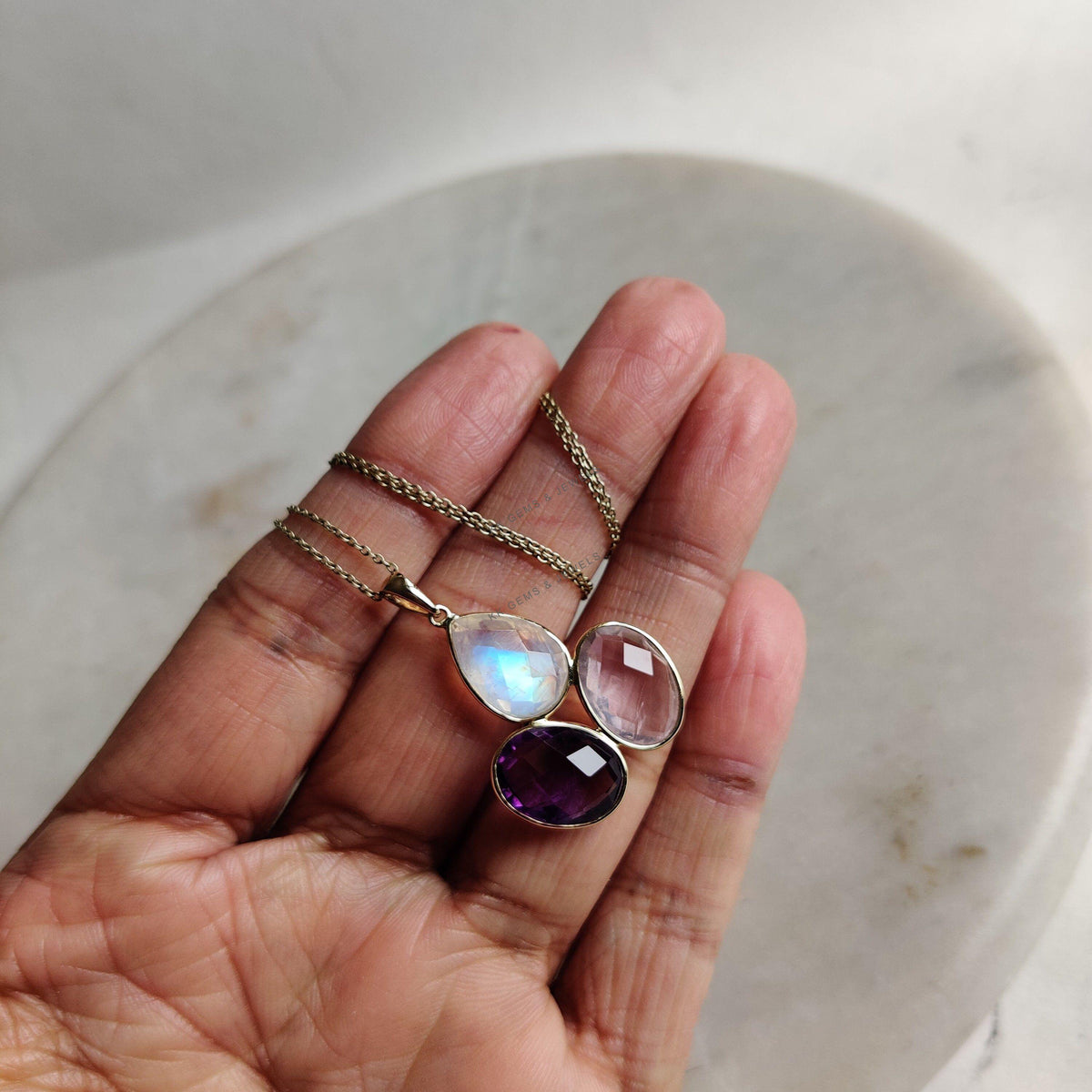 14k Solid Yellow Gold Natural Rainbow Moonstone & Purple Amethyst Rose Quartz Pendant, Christmas Gift