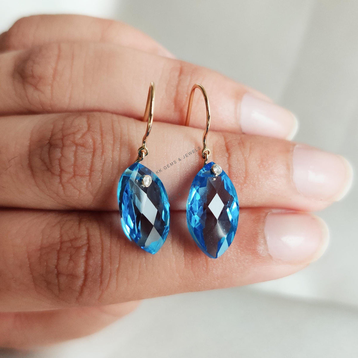 Natural Swiss Blue Topaz & Diamond Drill Earrings, 18K Yellow Gold Marquise Briolette