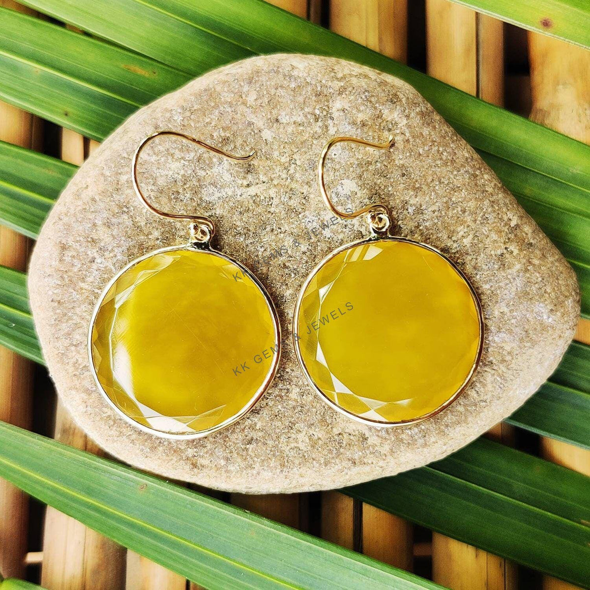 14K Solid Yellow Gold Natural Yellow Onyx Round Flat Cut Earrings, November Birthstone