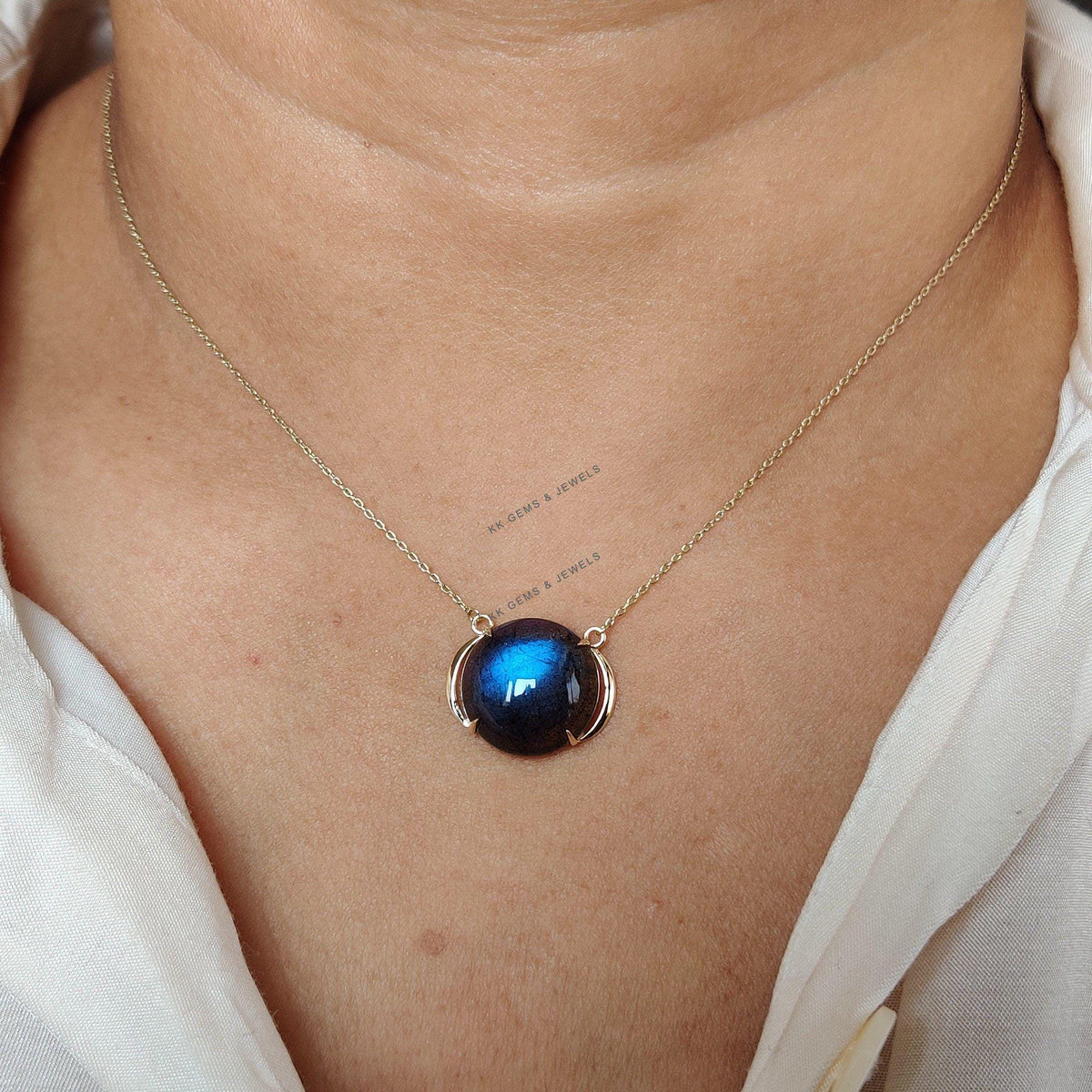 14K Solid Gold Natural Labradorite Pendant Necklace, August Birthstone