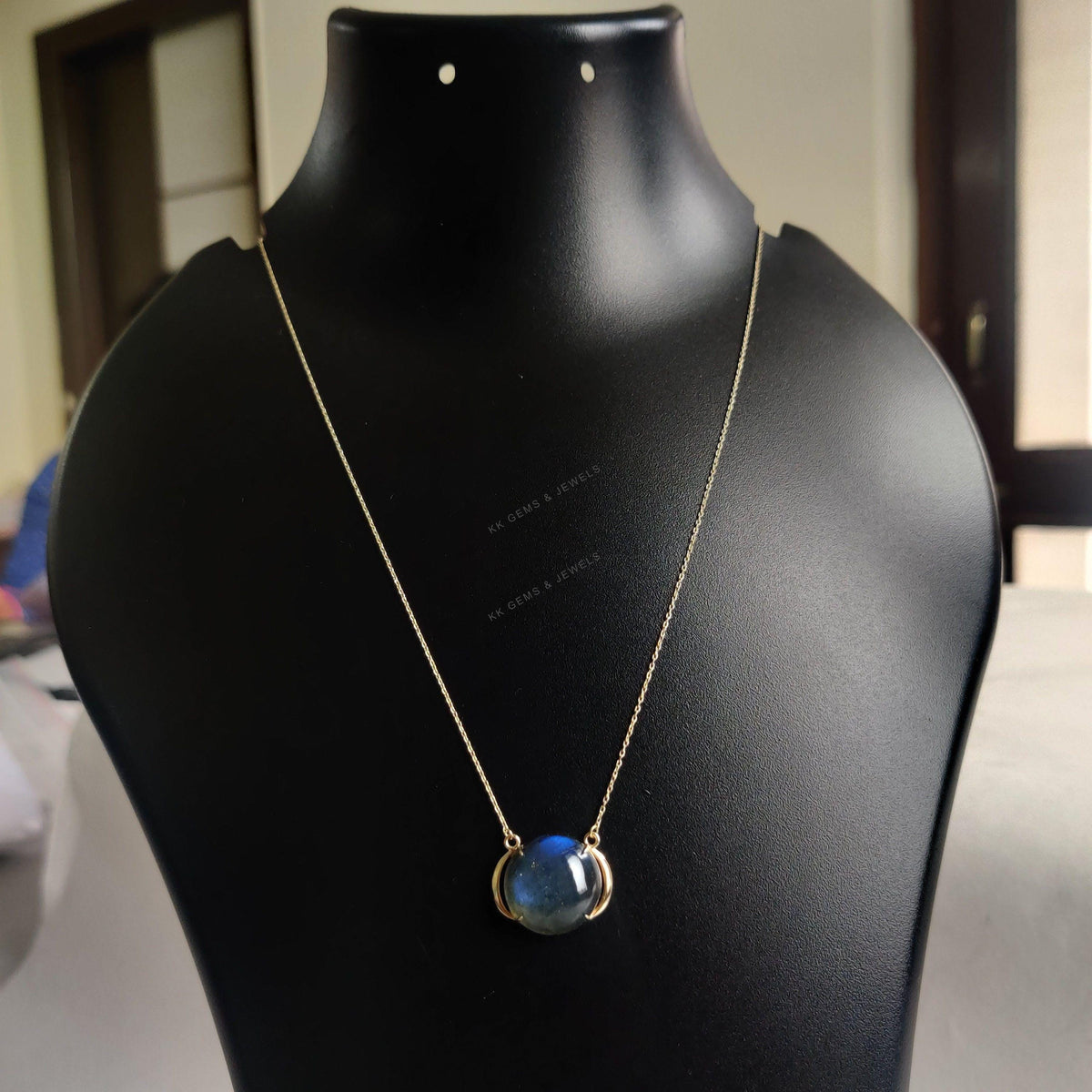 14K Solid Gold Natural Labradorite Pendant Necklace, August Birthstone