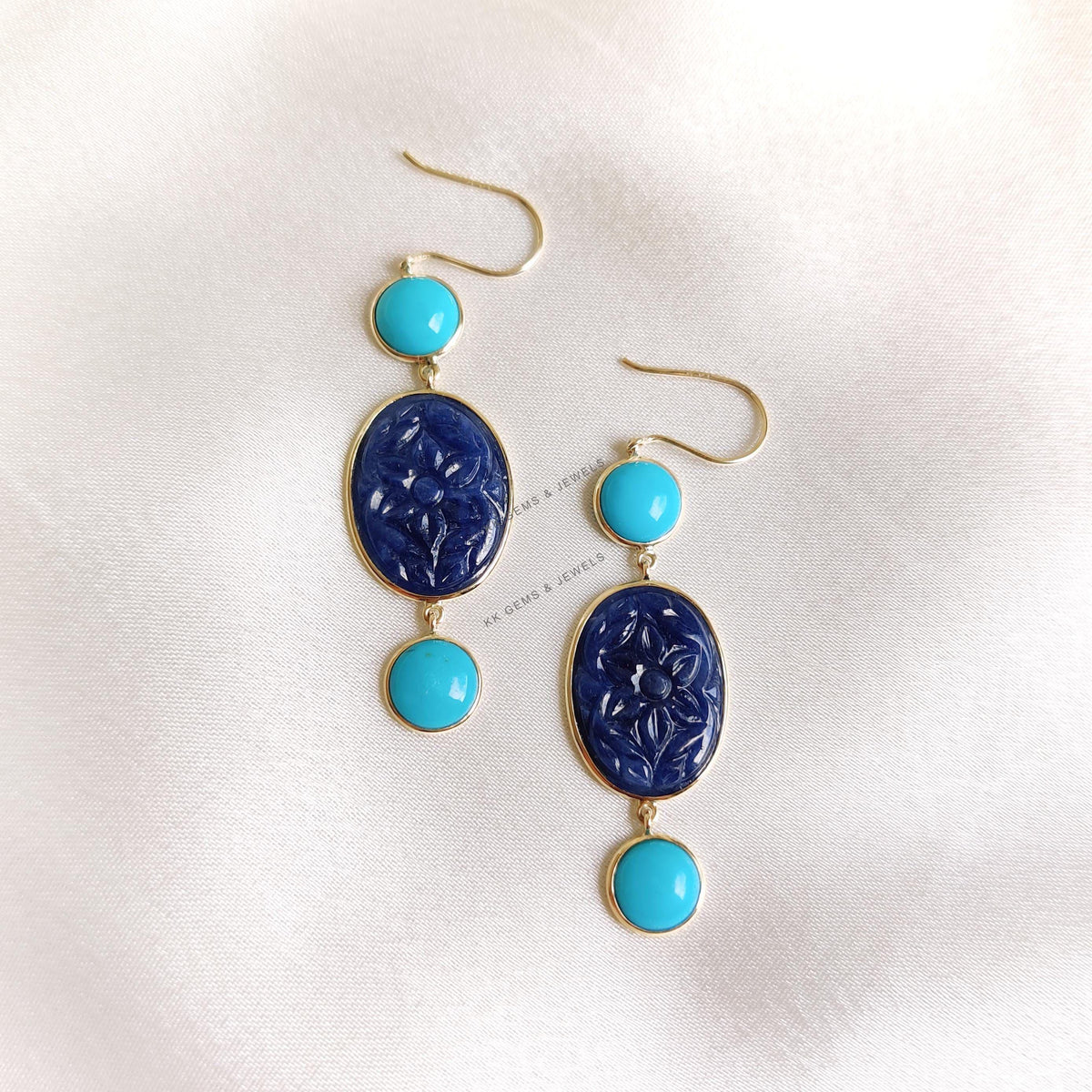 14K Solid Yellow Gold Natural Turquoise & Carving Blue Sapphire Danglers, September Birthstone