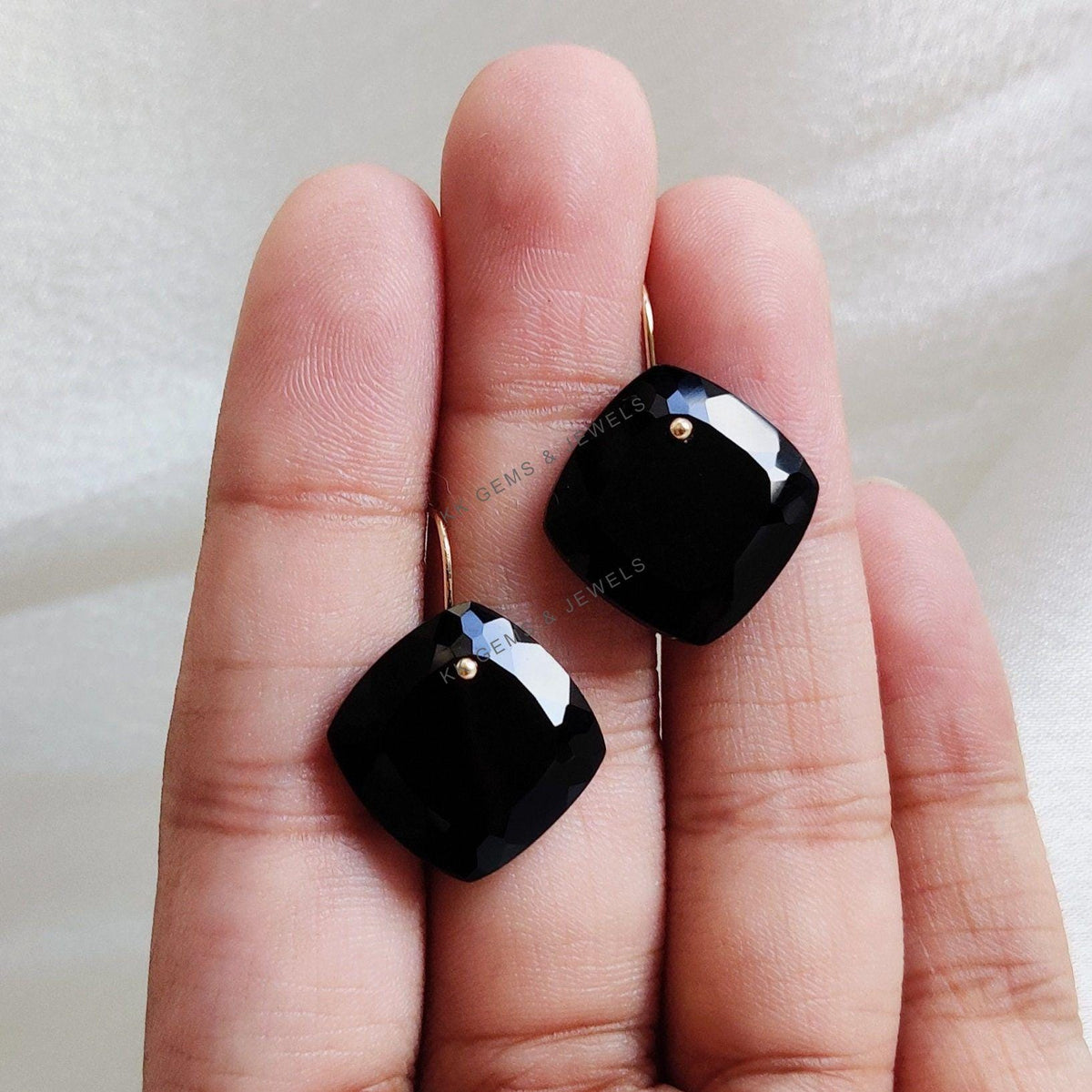Natural Black Onyx 14K Solid Yellow Gold Earrings: Square Gemstone Drill Earrings