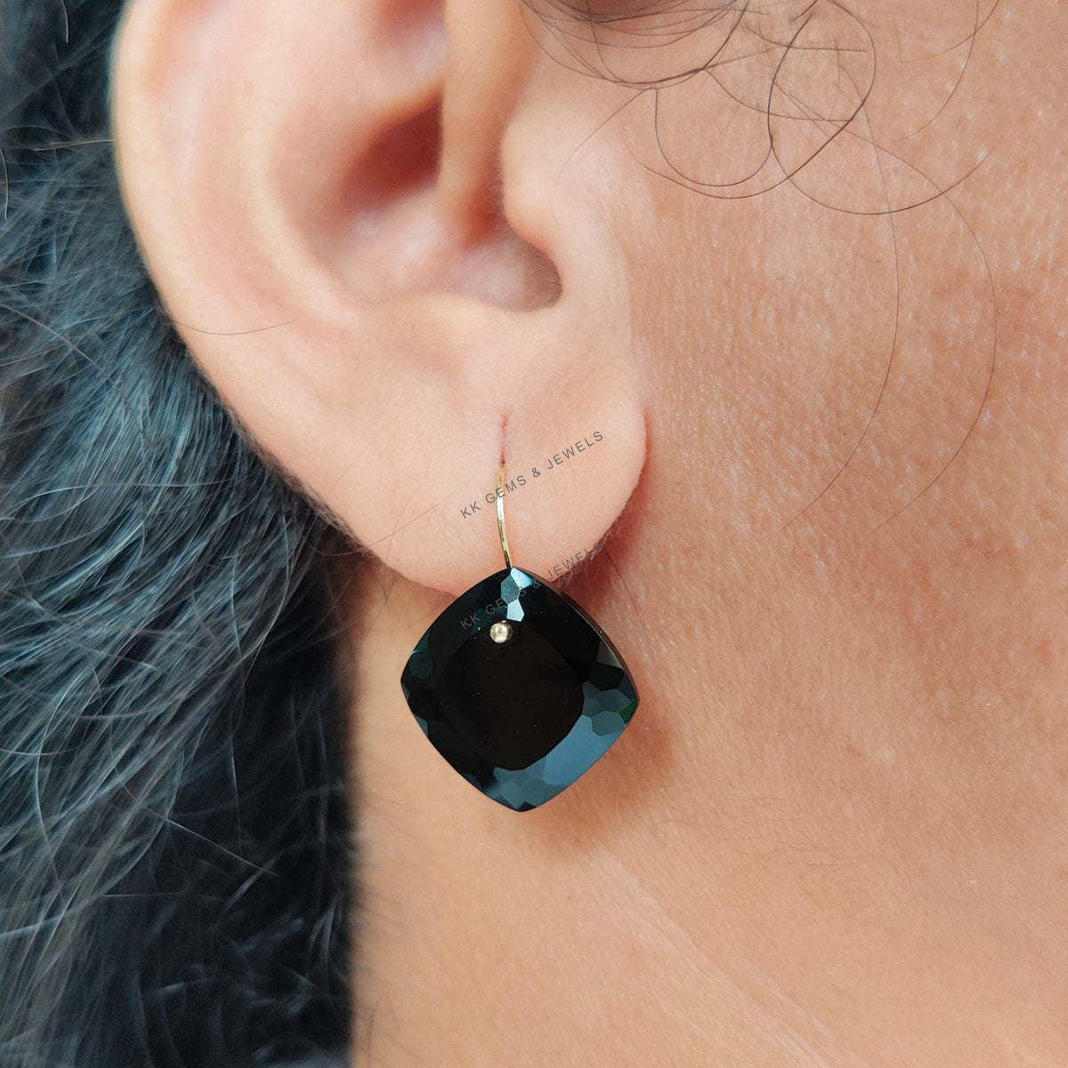 Natural Black Onyx 14K Solid Yellow Gold Earrings: Square Gemstone Drill Earrings