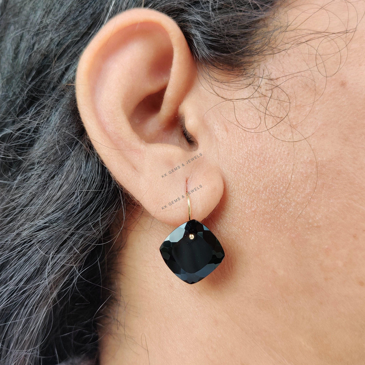 Natural Black Onyx 14K Solid Yellow Gold Earrings: Square Gemstone Drill Earrings