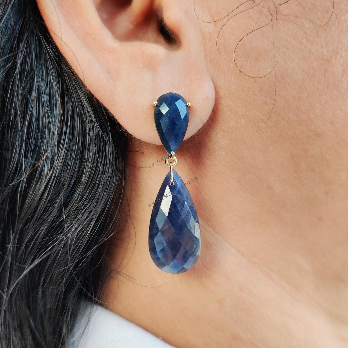 Natural Blue Sapphire 14K Solid Yellow Gold Pear Danglers, September Birthstone