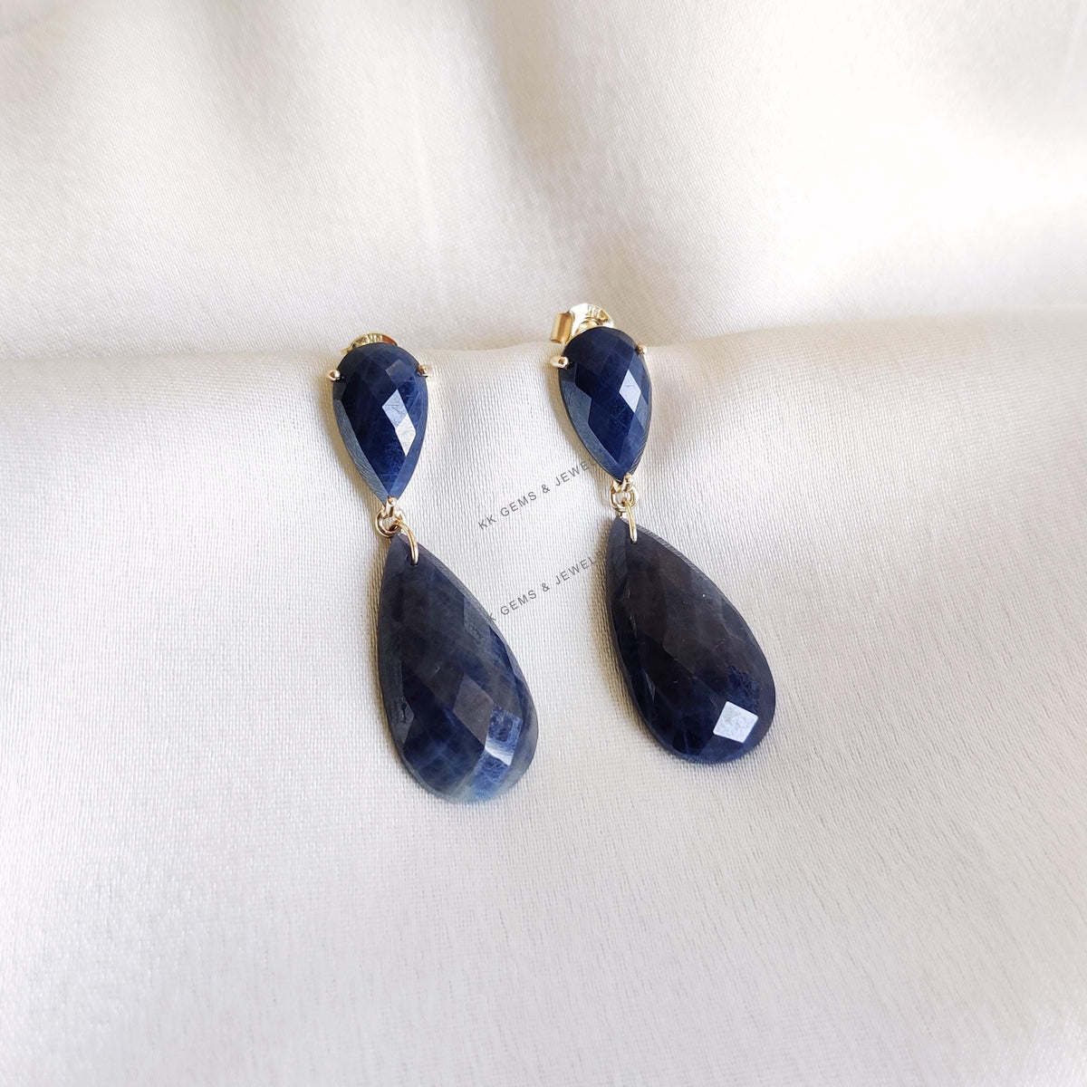 Natural Blue Sapphire 14K Solid Yellow Gold Pear Danglers, September Birthstone