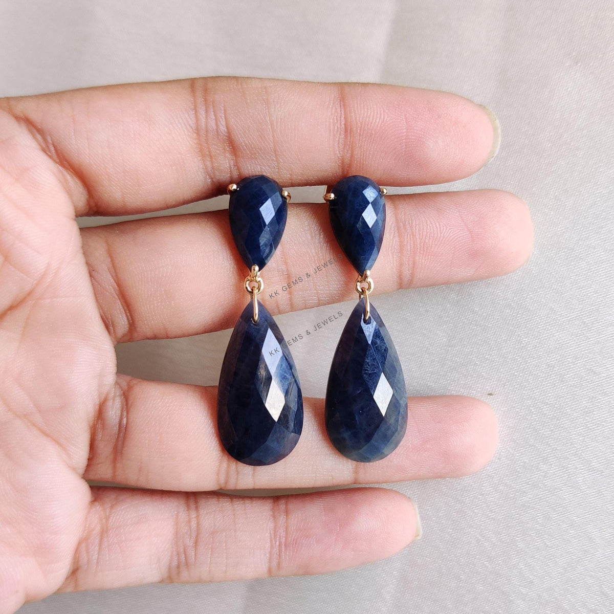 Natural Blue Sapphire 14K Solid Yellow Gold Pear Danglers, September Birthstone