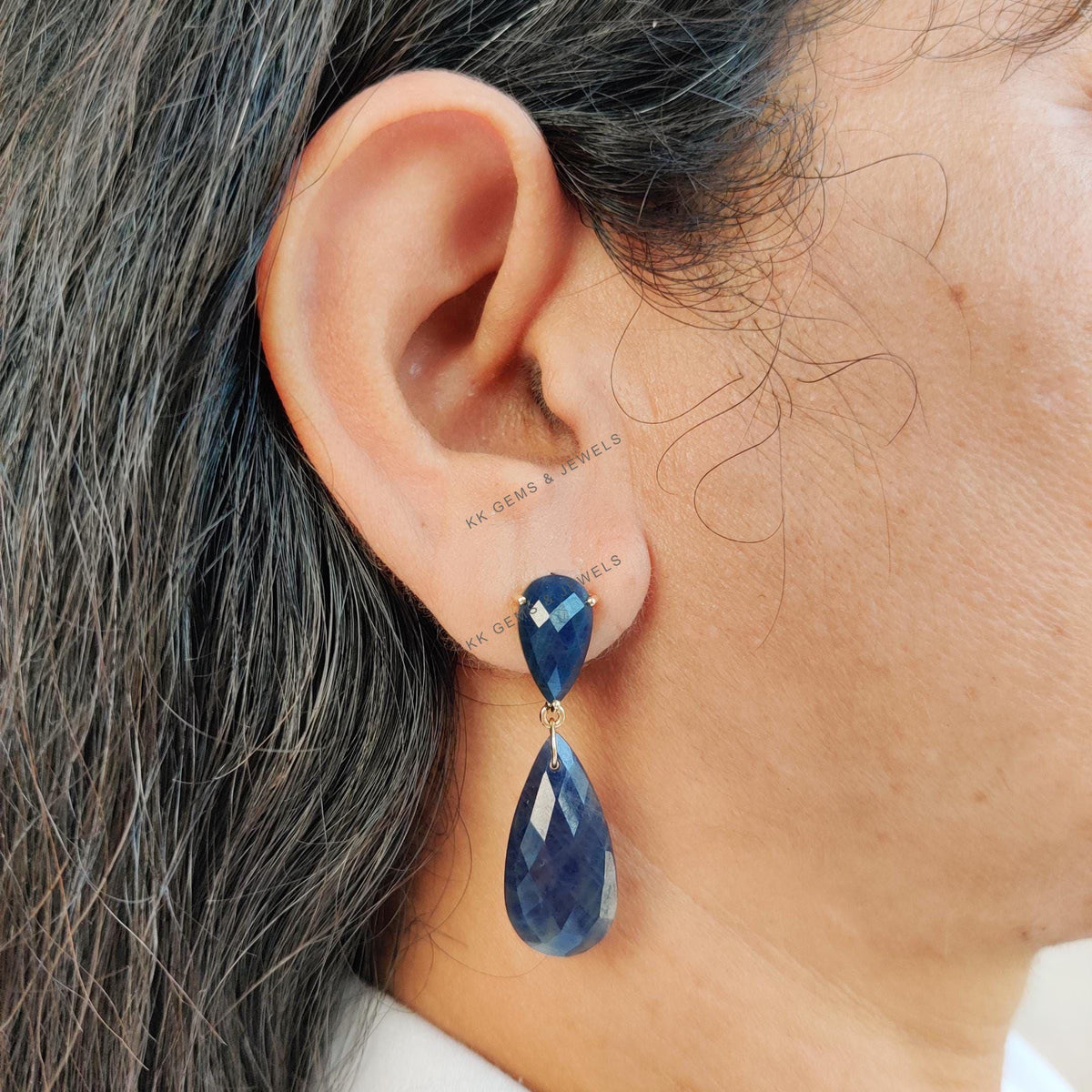 Natural Blue Sapphire 14K Solid Yellow Gold Pear Danglers, September Birthstone